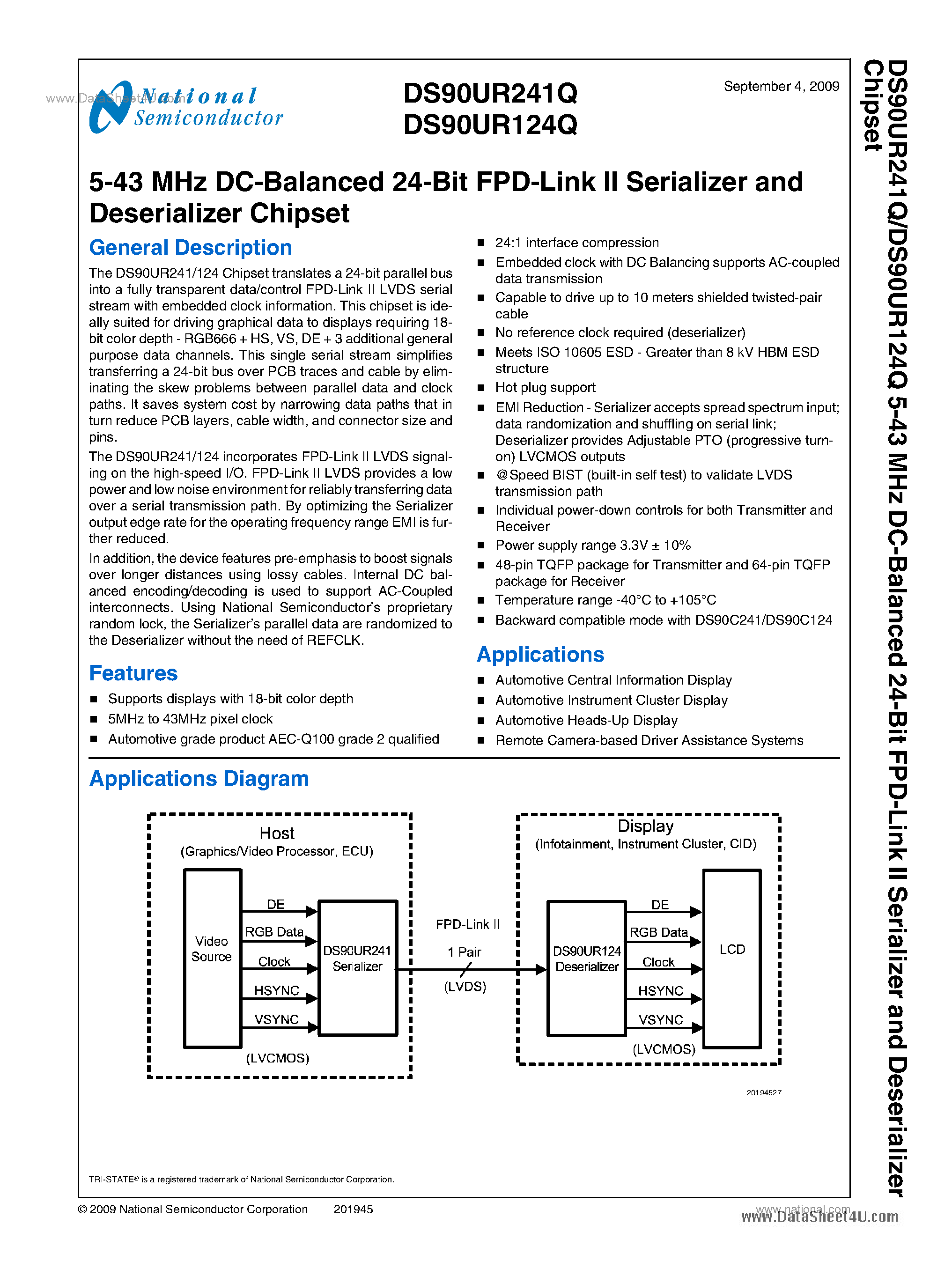 Datasheet DS90UR124Q page 1 Datasheet DS90UR124Q - (DS90UR124Q / DS90UR241Q) 5-43 MHz DC-Balanced 24-Bit FPD-Link II Serializer and Deserializer Chipset page 1