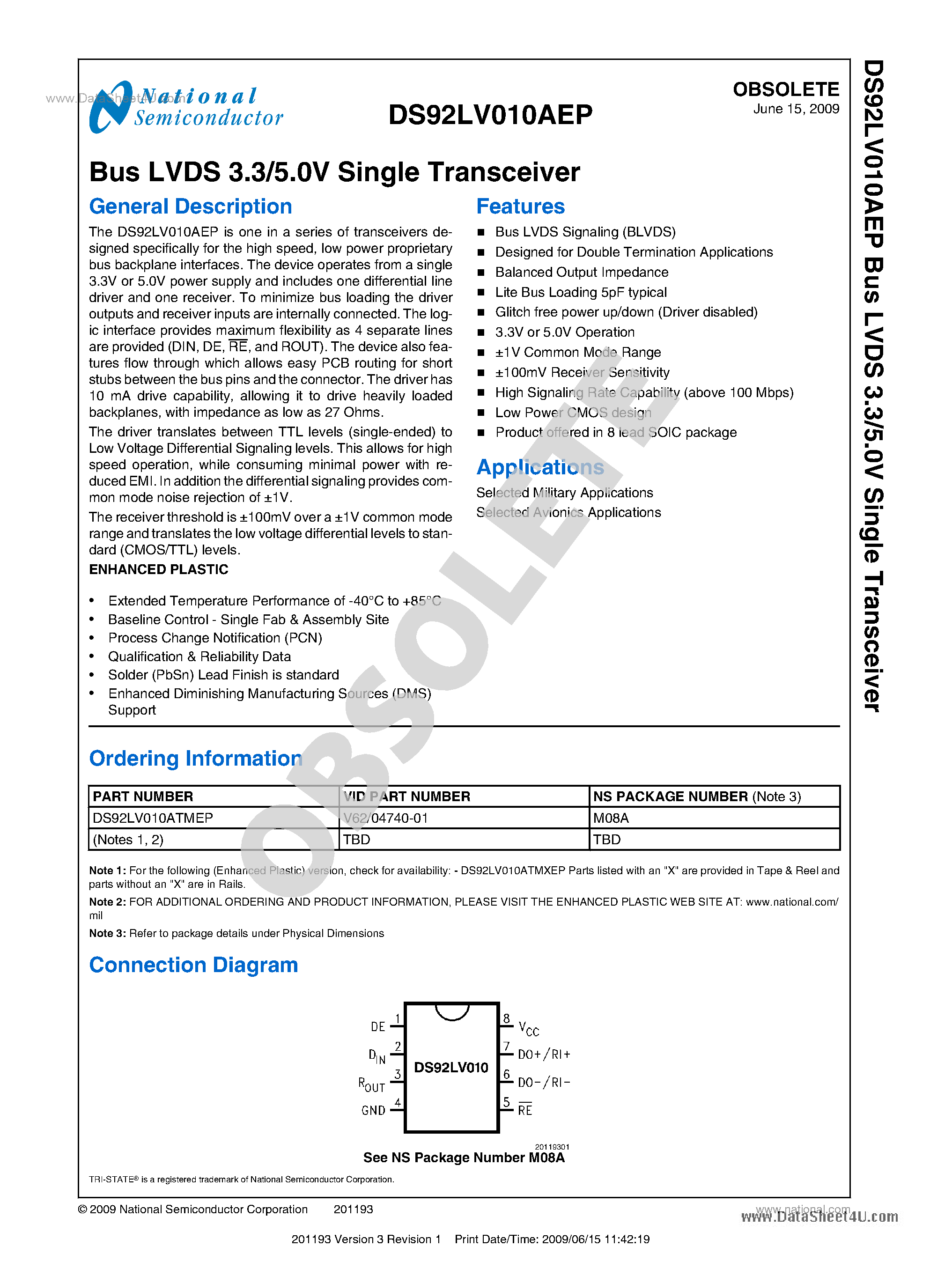 Datasheet DS92LV010AEP - Bus LVDS 3.3/5.0V Single Transceiver page 1