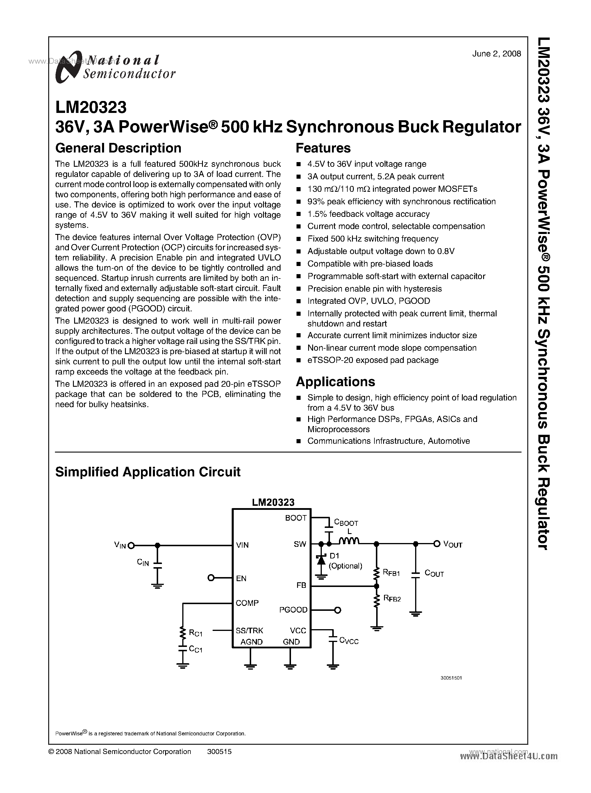 Даташит LM20323 - 500 kHz Synchronous Buck Regulator страница 1