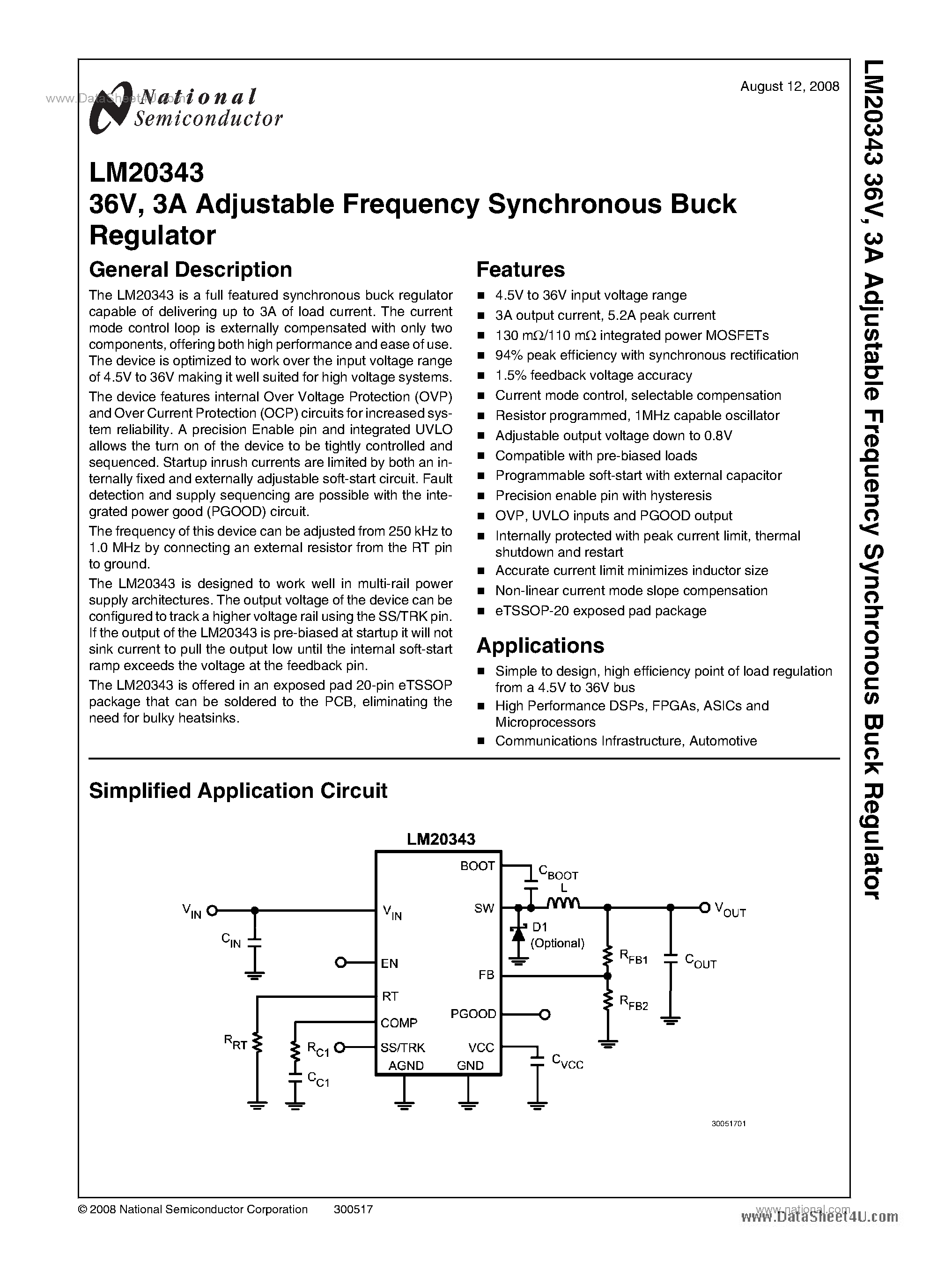 Даташит LM20343 - 3A Adjustable Frequency Synchronous Buck Regulator страница 1