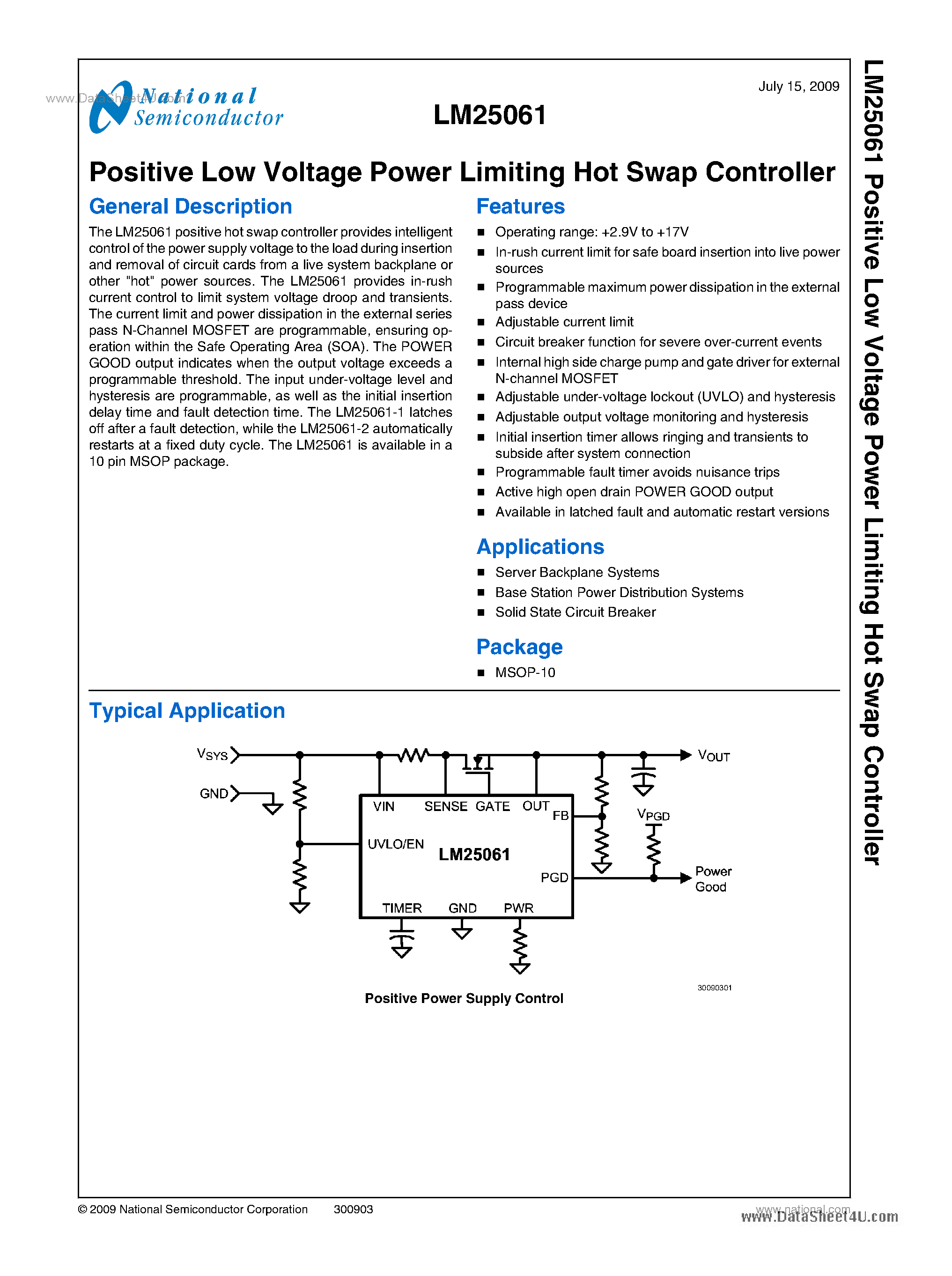 Даташит LM25061 - Positive Low Voltage Power Limiting Hot Swap Controller страница 1