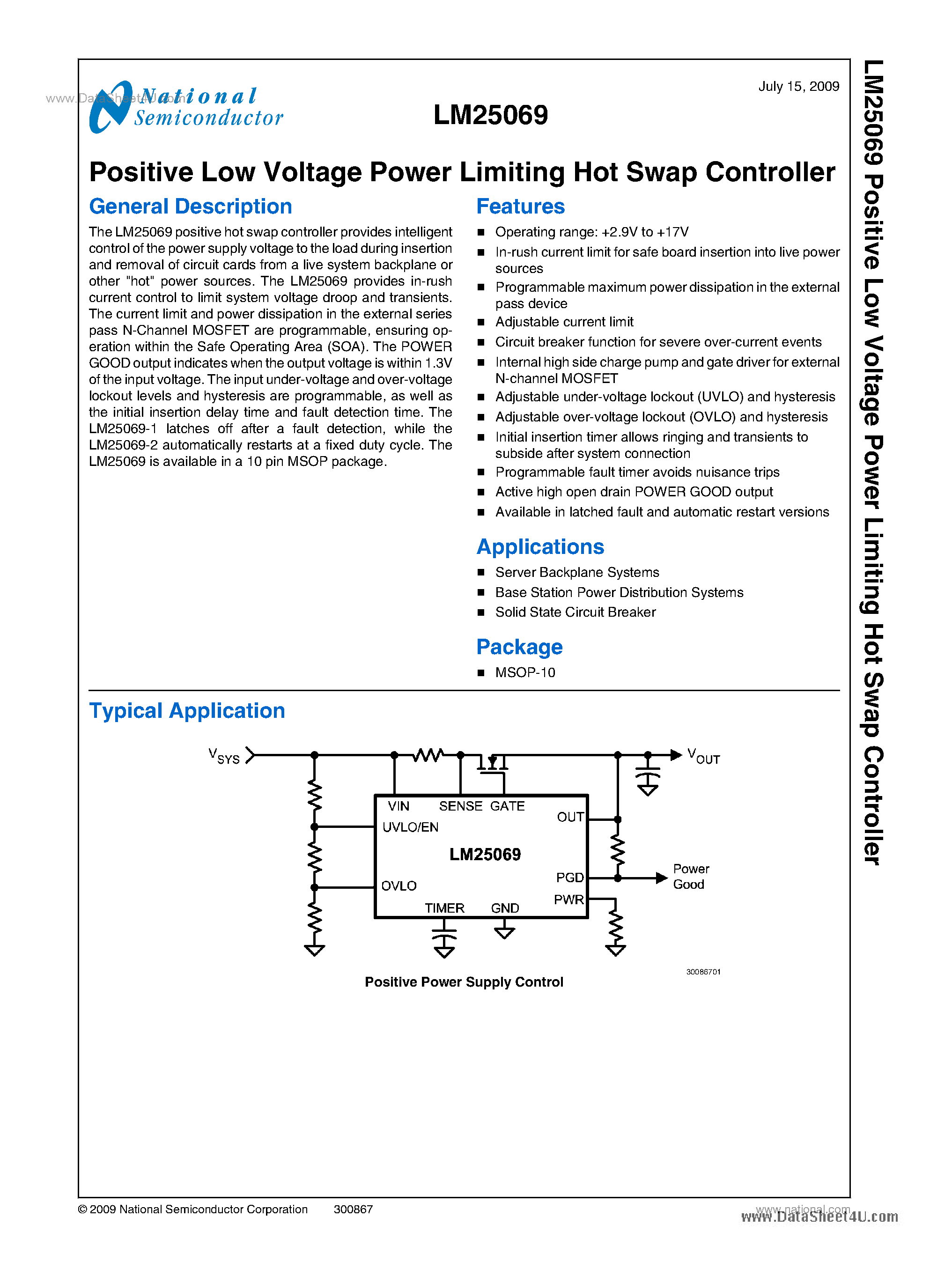 Datasheet LM25069 page 1 Datasheet LM25069 - Positive Low Voltage Power Limiting Hot Swap Controller page 1