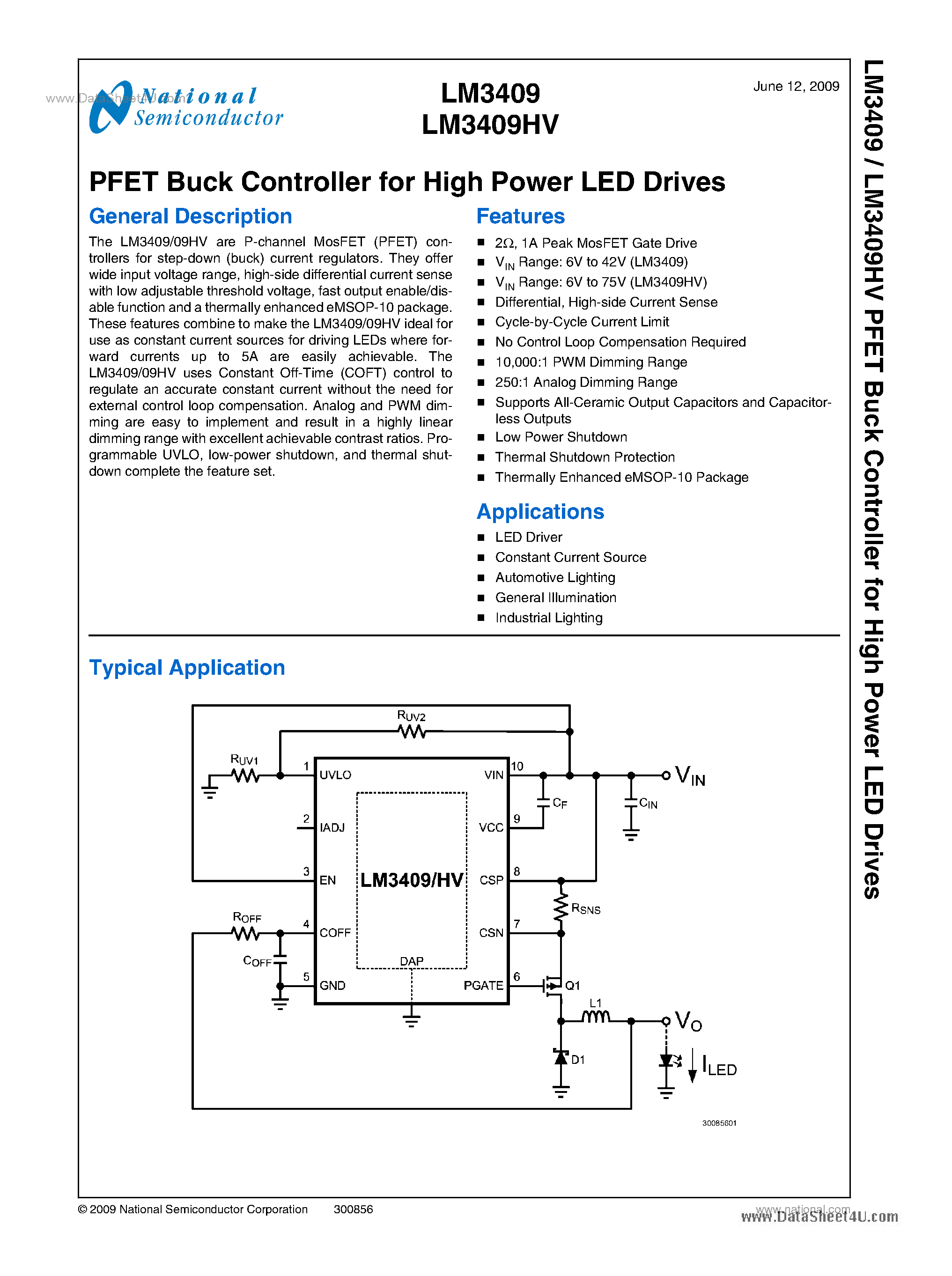 Datasheet LM3409 - PFET Buck Controller page 1