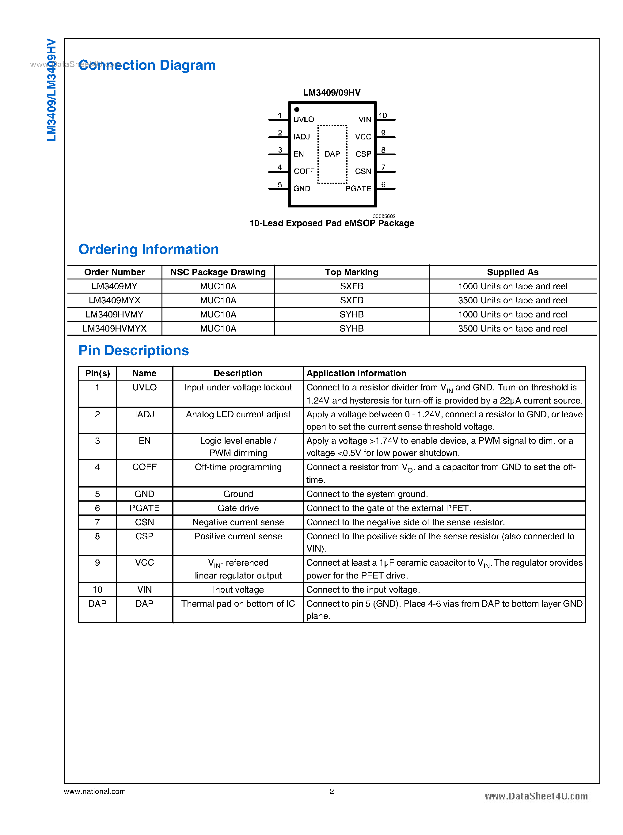 Datasheet LM3409 - PFET Buck Controller page 2