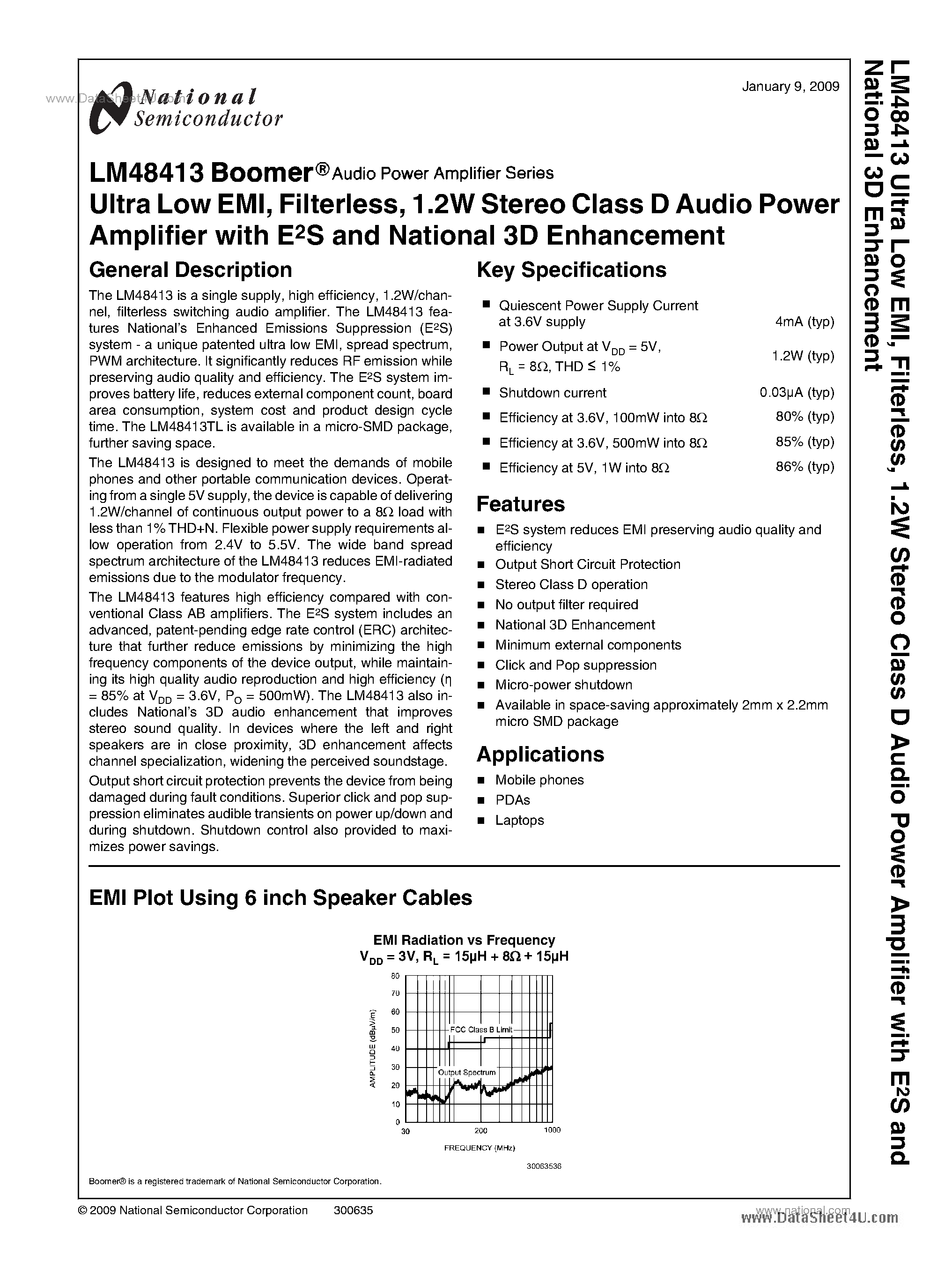 Datasheet LM48413 - 1.2W Stereo Class D Audio Power Amplifier page 1