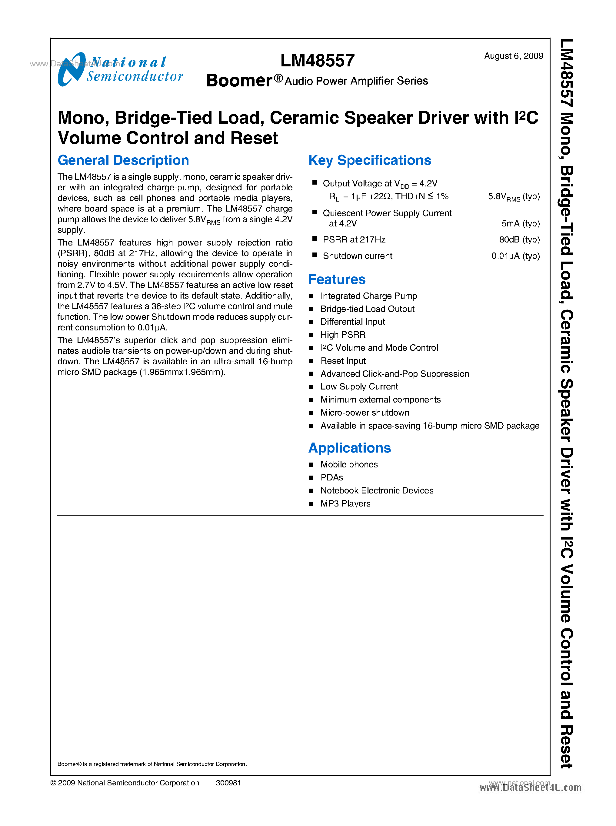 Datasheet LM48557 page 1 Datasheet LM48557 - Ceramic Speaker Driver page 1