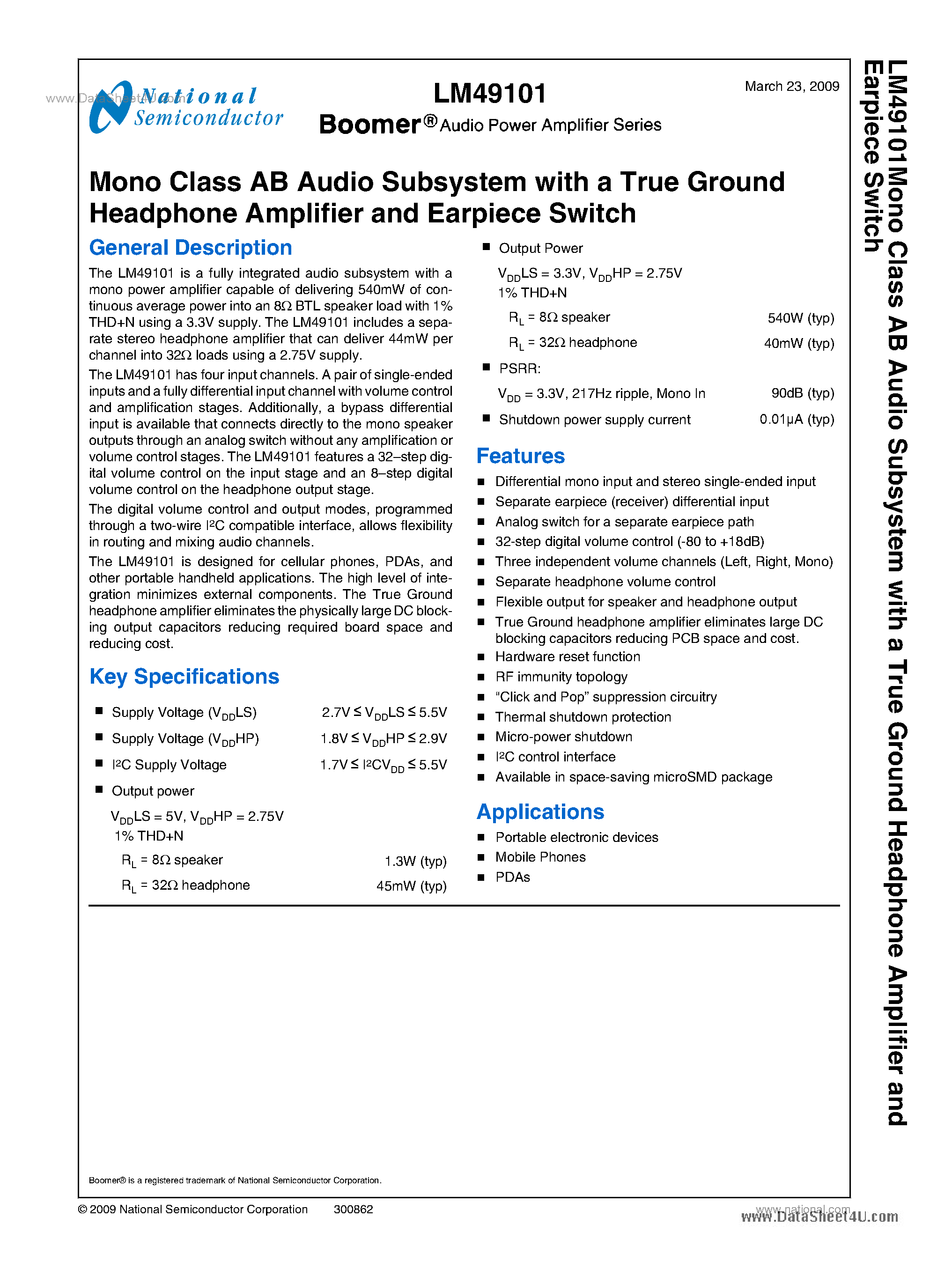 Даташит на микросхему LM49101 страница 1 Даташит LM49101 - Mono Class AB Audio Subsystem страница 1