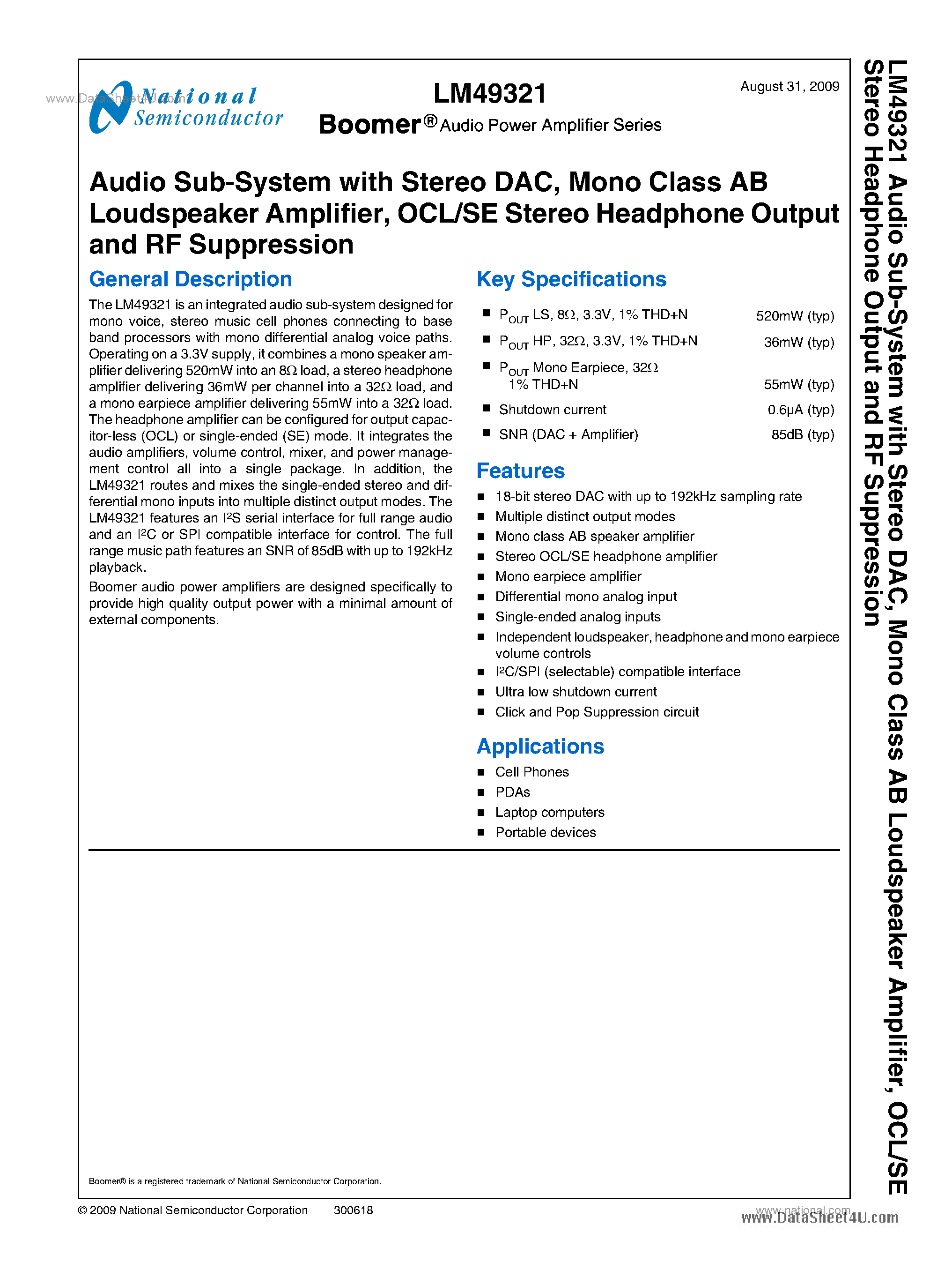 Даташит на микросхему LM49321 страница 1 Даташит LM49321 - Audio Sub-System страница 1