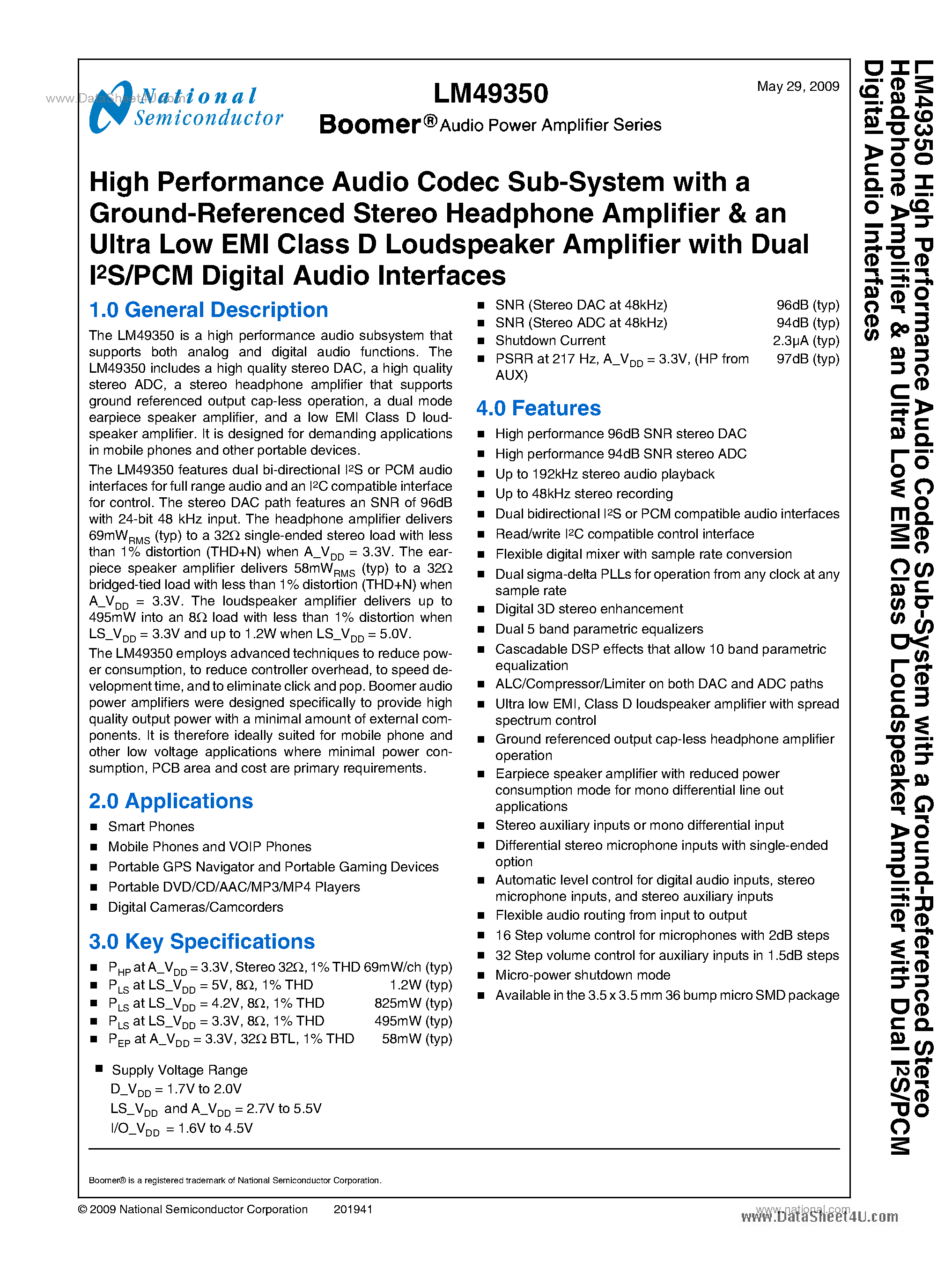 Даташит на микросхему LM49350 страница 1 Даташит LM49350 - High Performance Audio Codec Sub-System страница 1