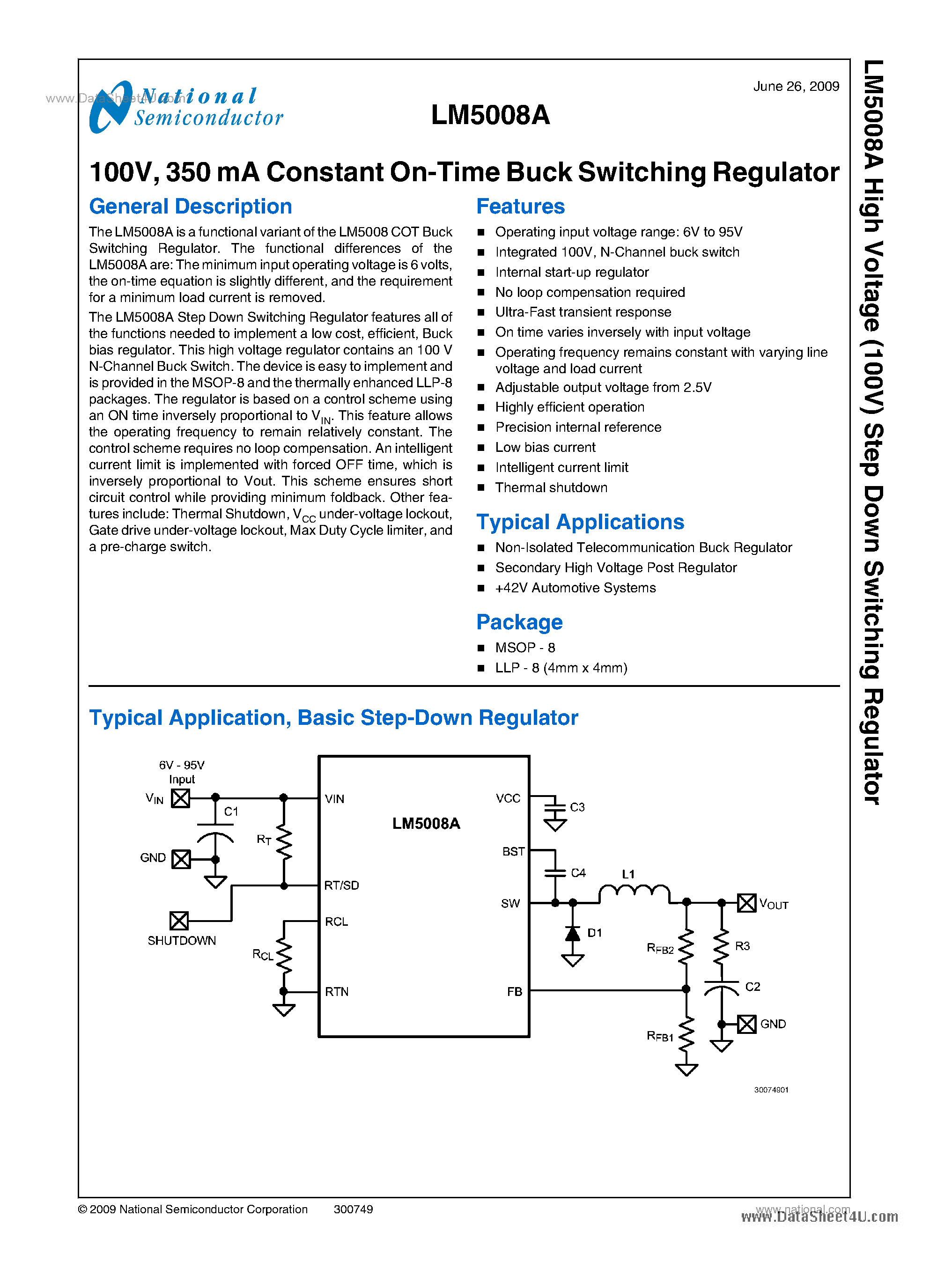 Даташит на микросхему LM5008A страница 1 Даташит LM5008A - 350 mA Constant On-Time Buck Switching Regulator страница 1