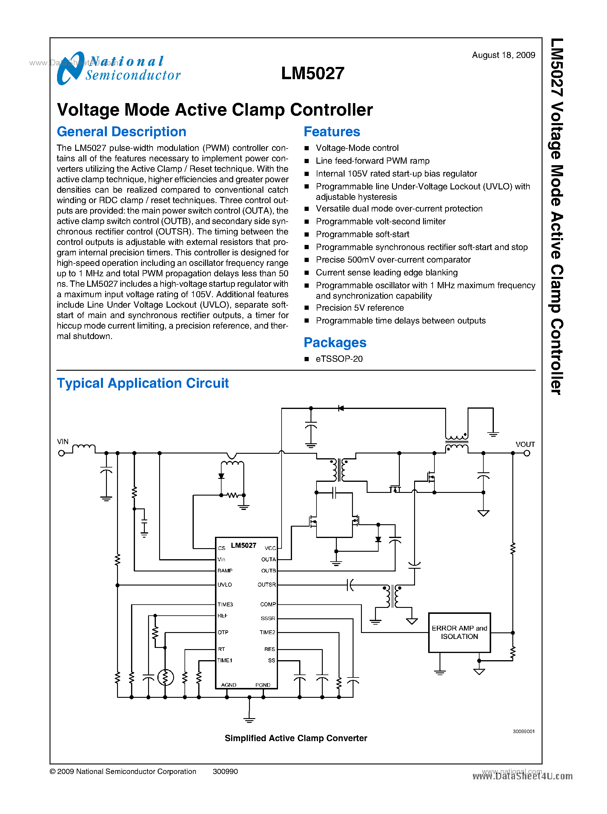 Даташит LM5027 - Voltage Mode Active Clamp Controller страница 1