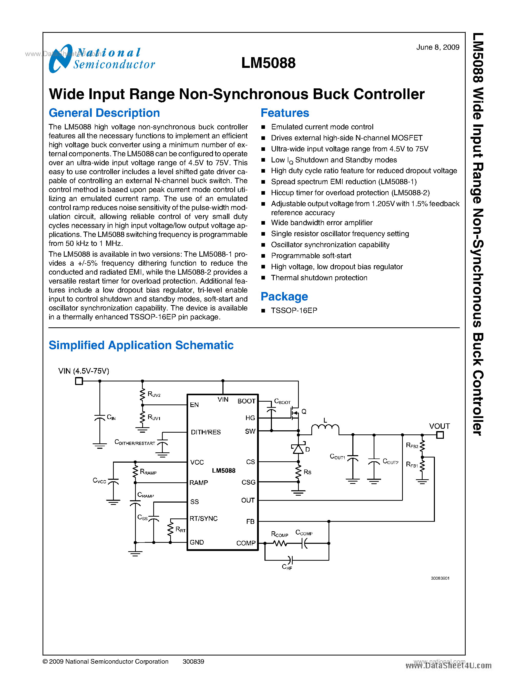 Datasheet LM5088 page 1 Datasheet LM5088 - Wide Input Range Non-Synchronous Buck Controller page 1