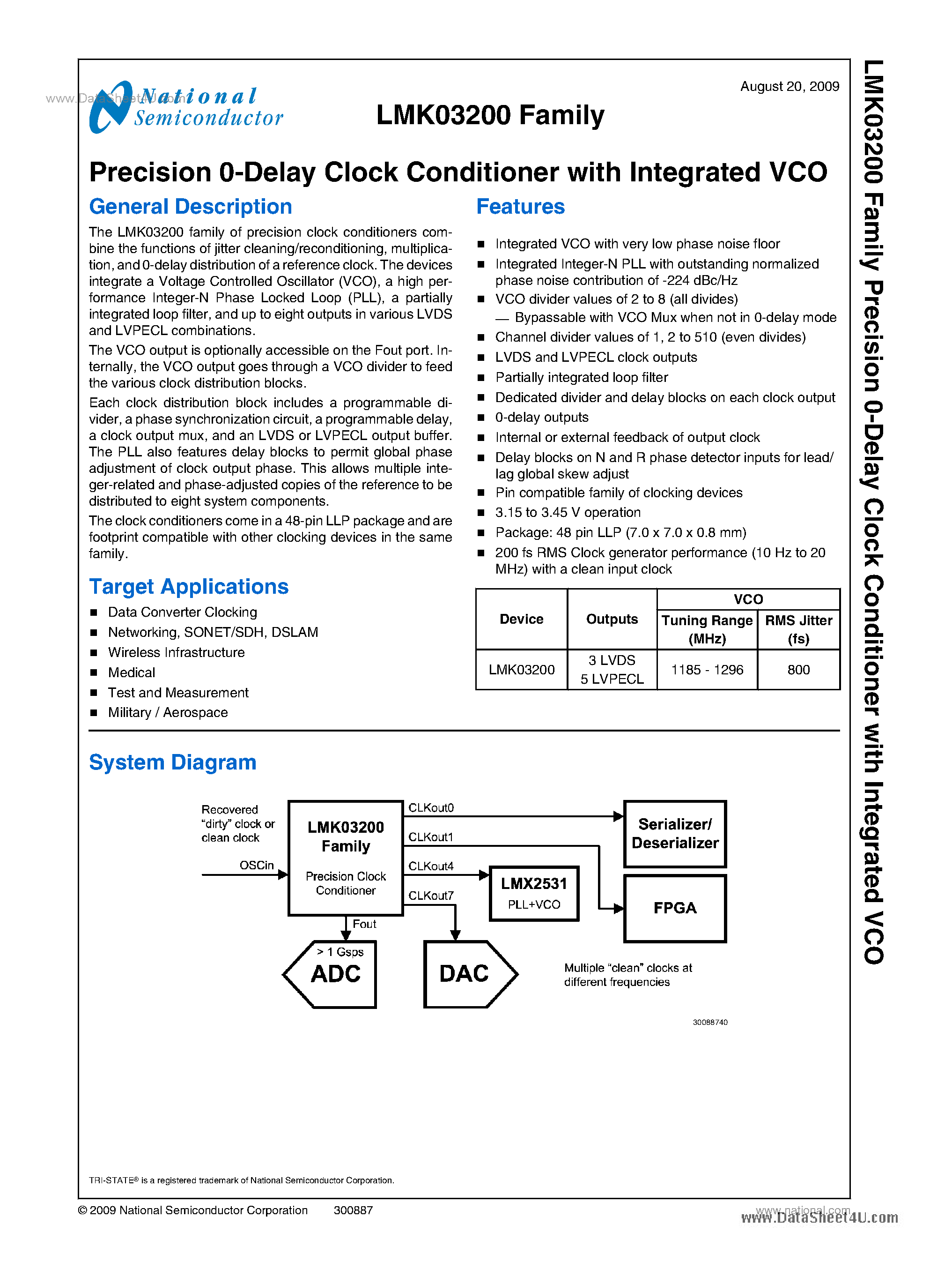 Datasheet LMK03200 page 1 Datasheet LMK03200 - Precision 0-Delay Clock Conditioner page 1