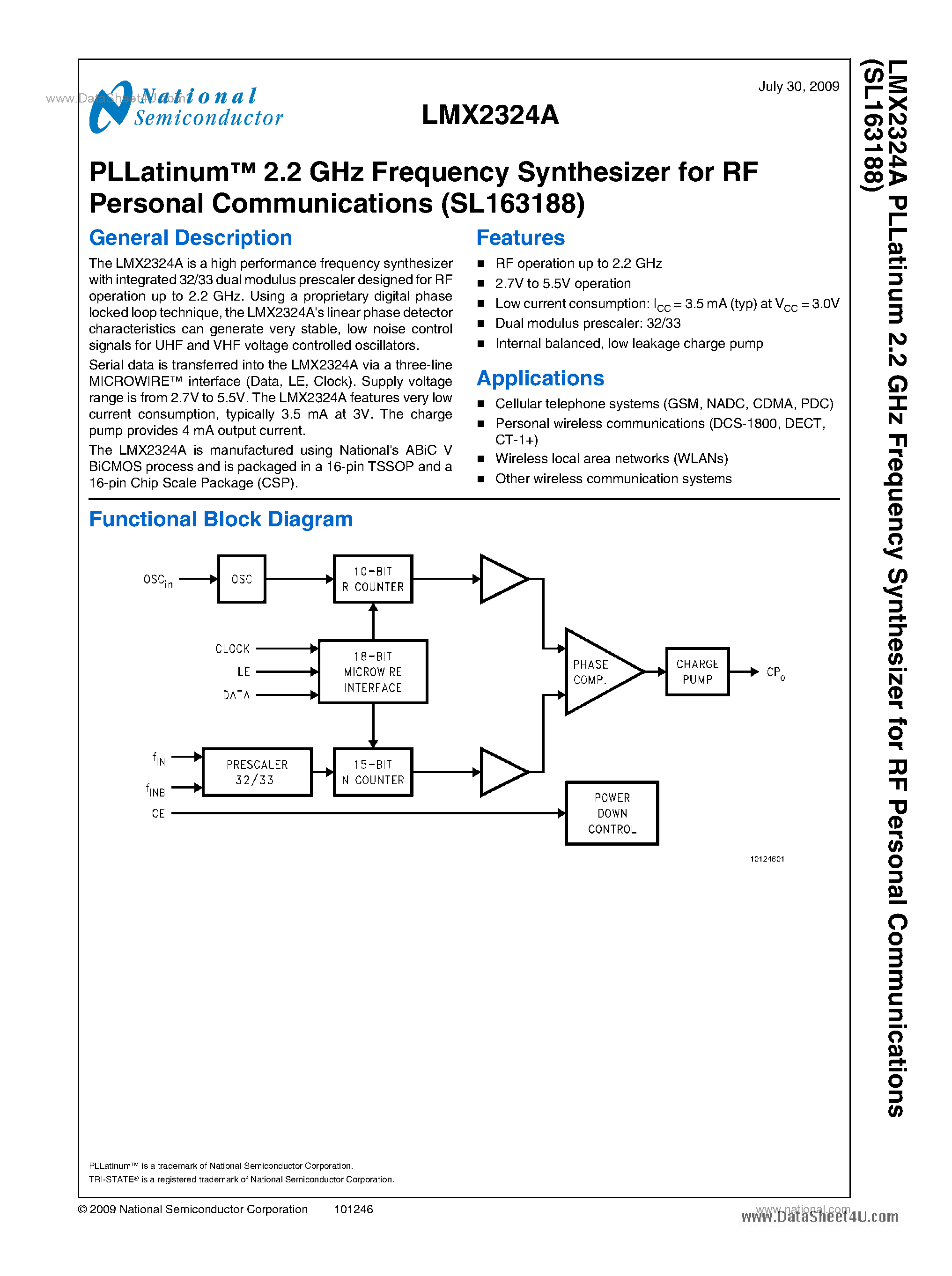 Datasheet LMX2324A - 2.2 GHz Frequency Synthesizer page 1