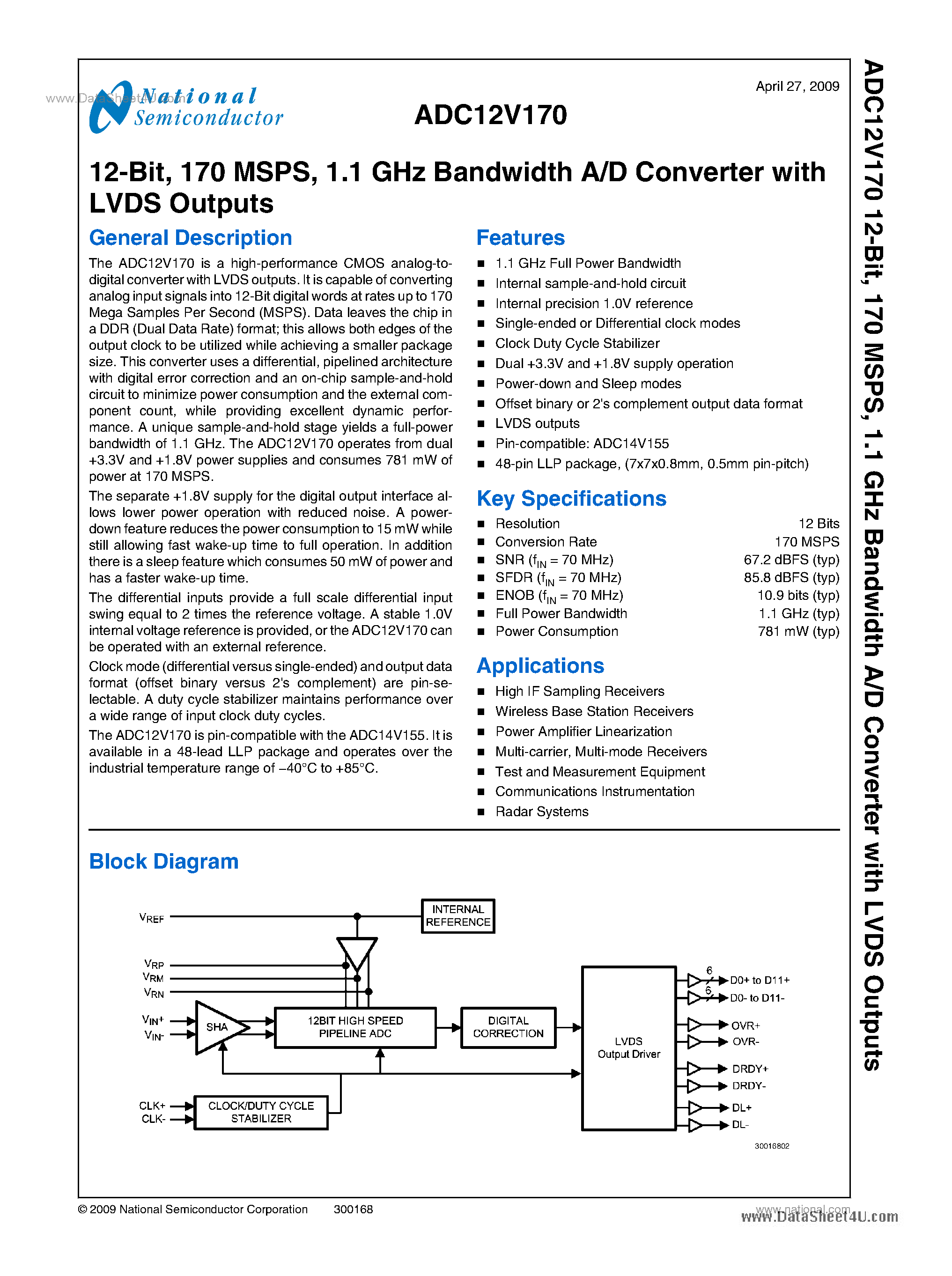 Datasheet ADC12V170 - 1.1 GHz Bandwidth A/D Converter page 1