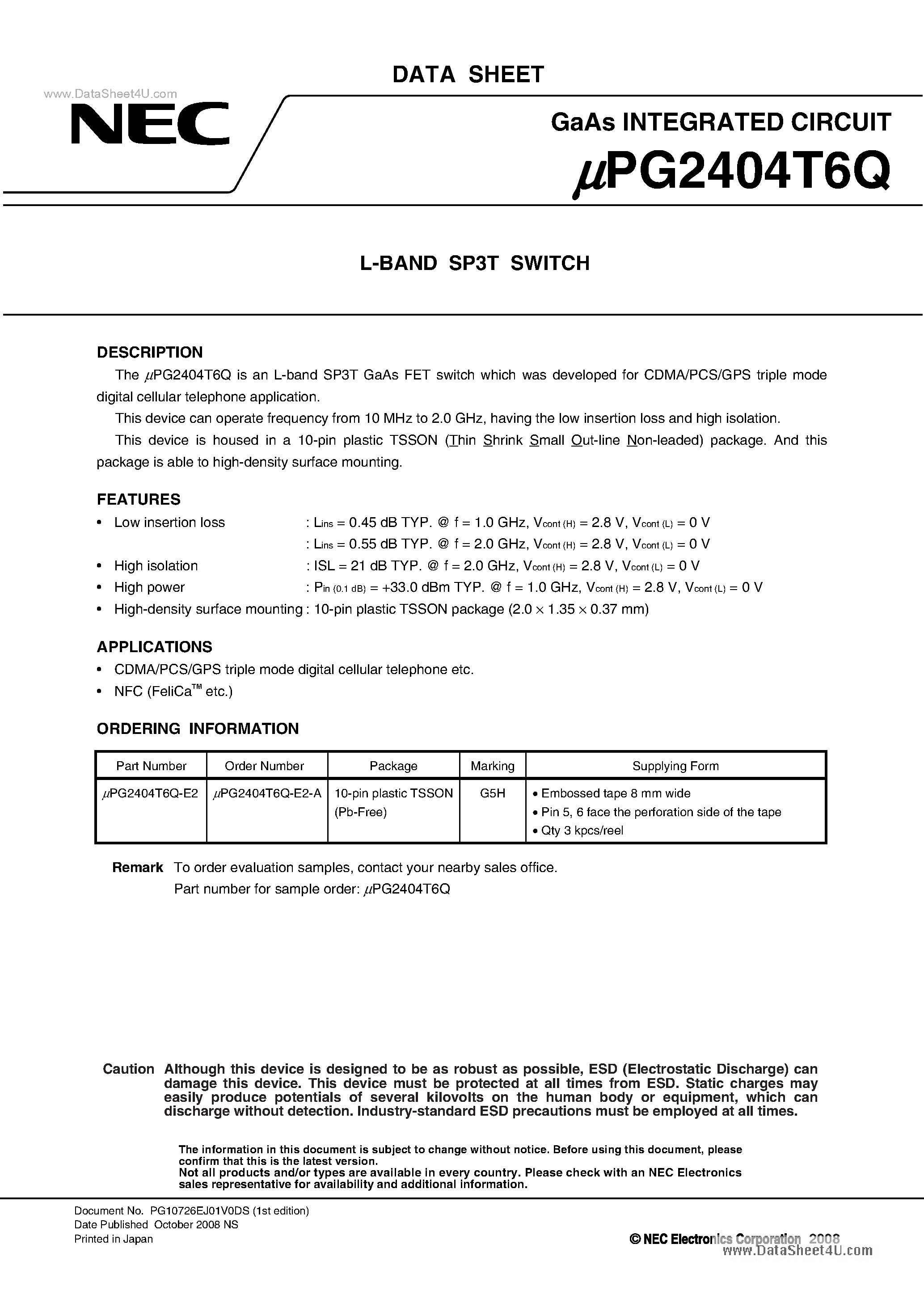 Datasheet UPG2404T6Q - L-BAND SP3T SWITCH page 1