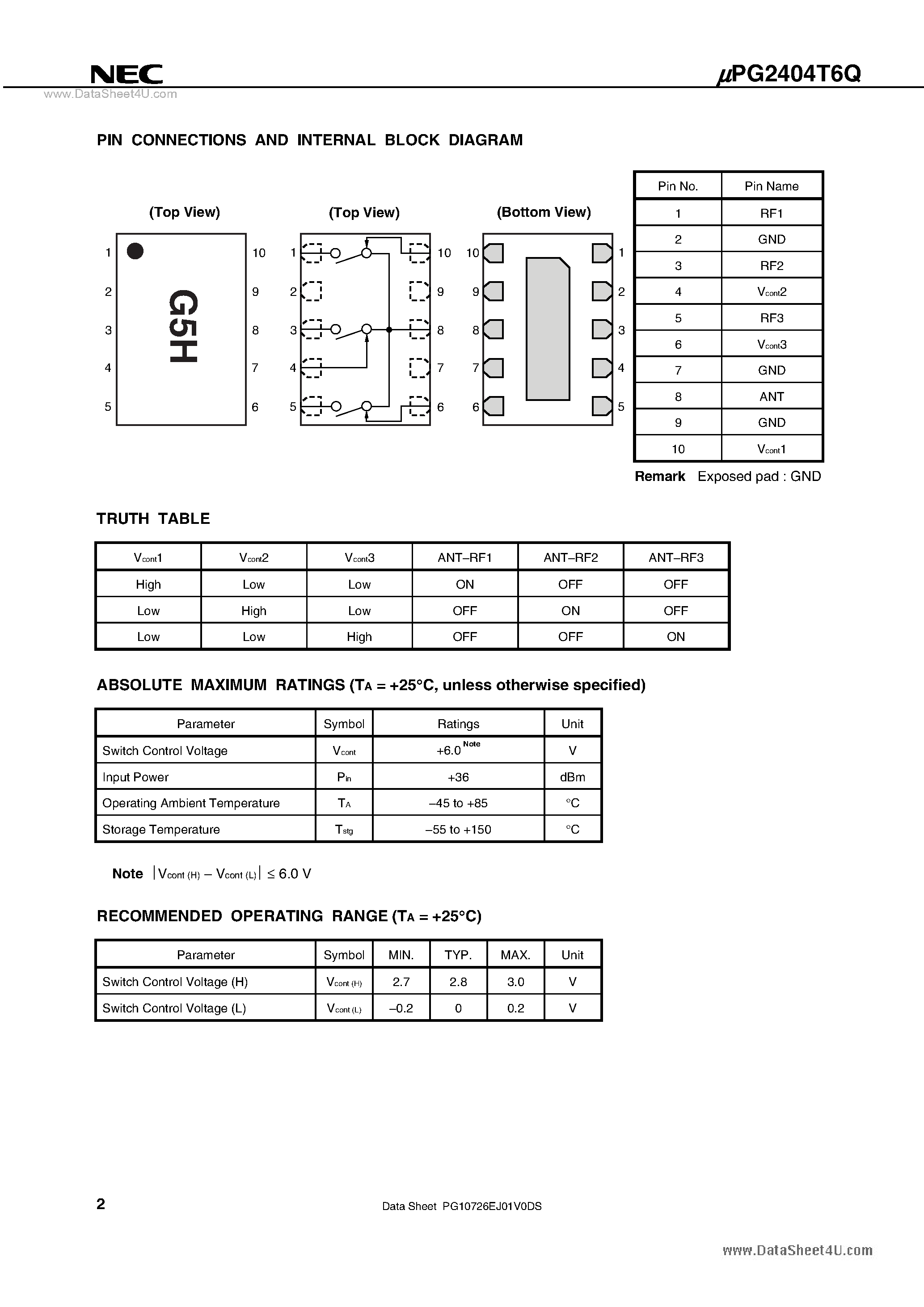 Datasheet UPG2404T6Q - L-BAND SP3T SWITCH page 2