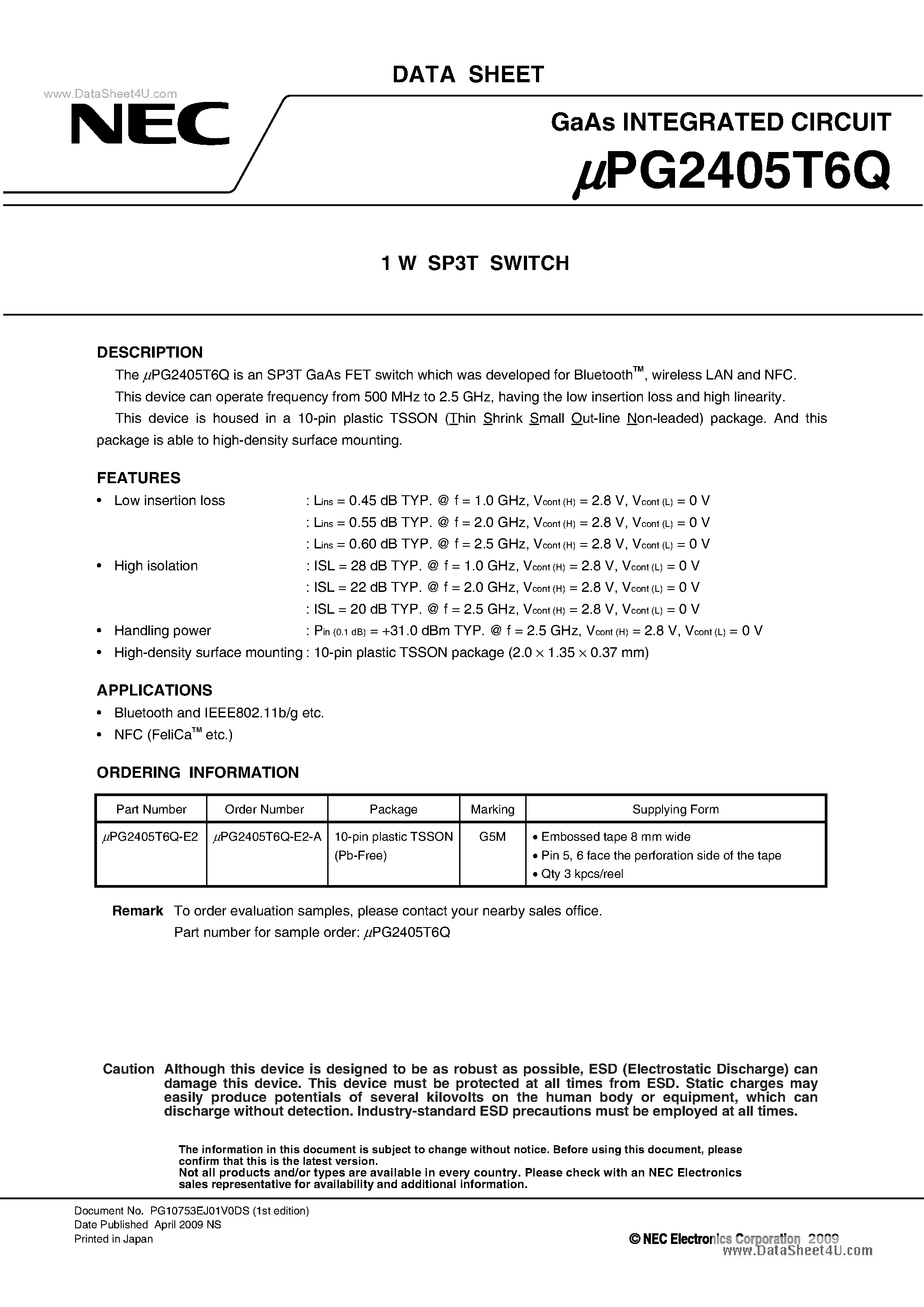 Datasheet UPG2405T6Q - 1 W SP3T SWITCH page 1
