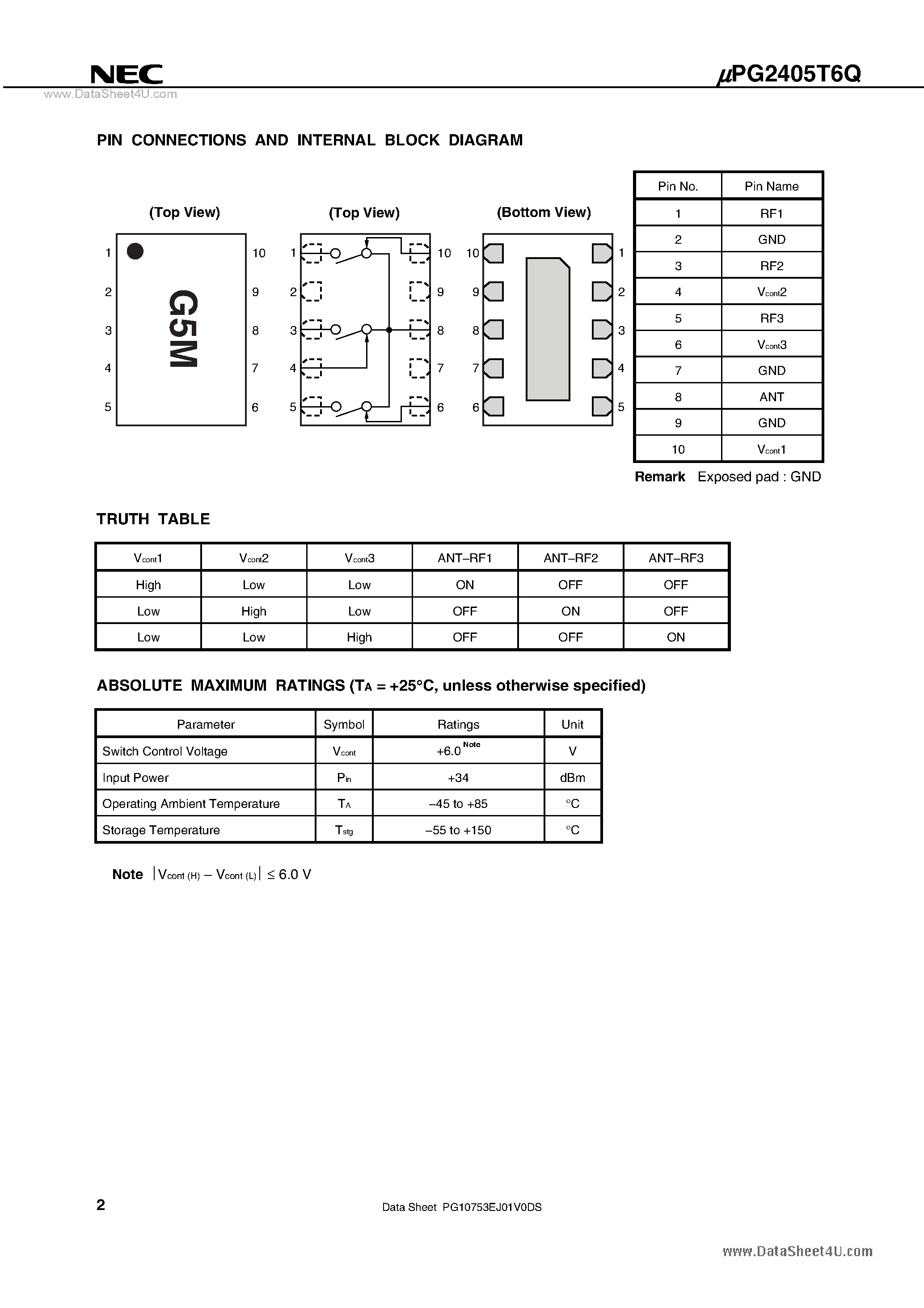 Datasheet UPG2405T6Q - 1 W SP3T SWITCH page 2