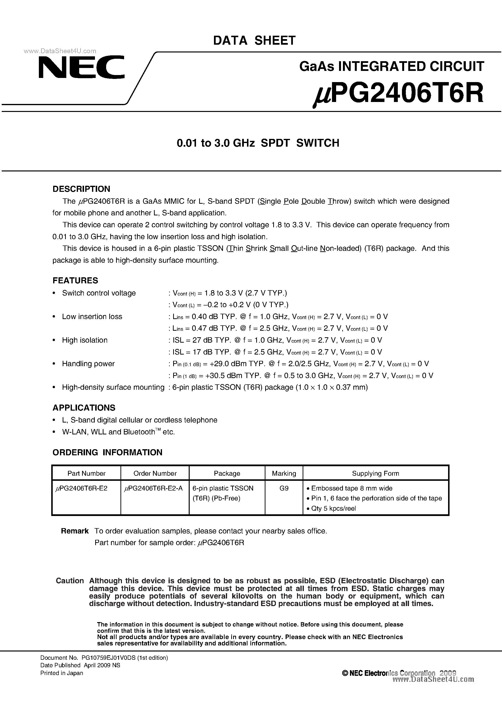 Datasheet UPG2406T6R - 0.01 to 3.0 GHz SPDT SWITCH page 1