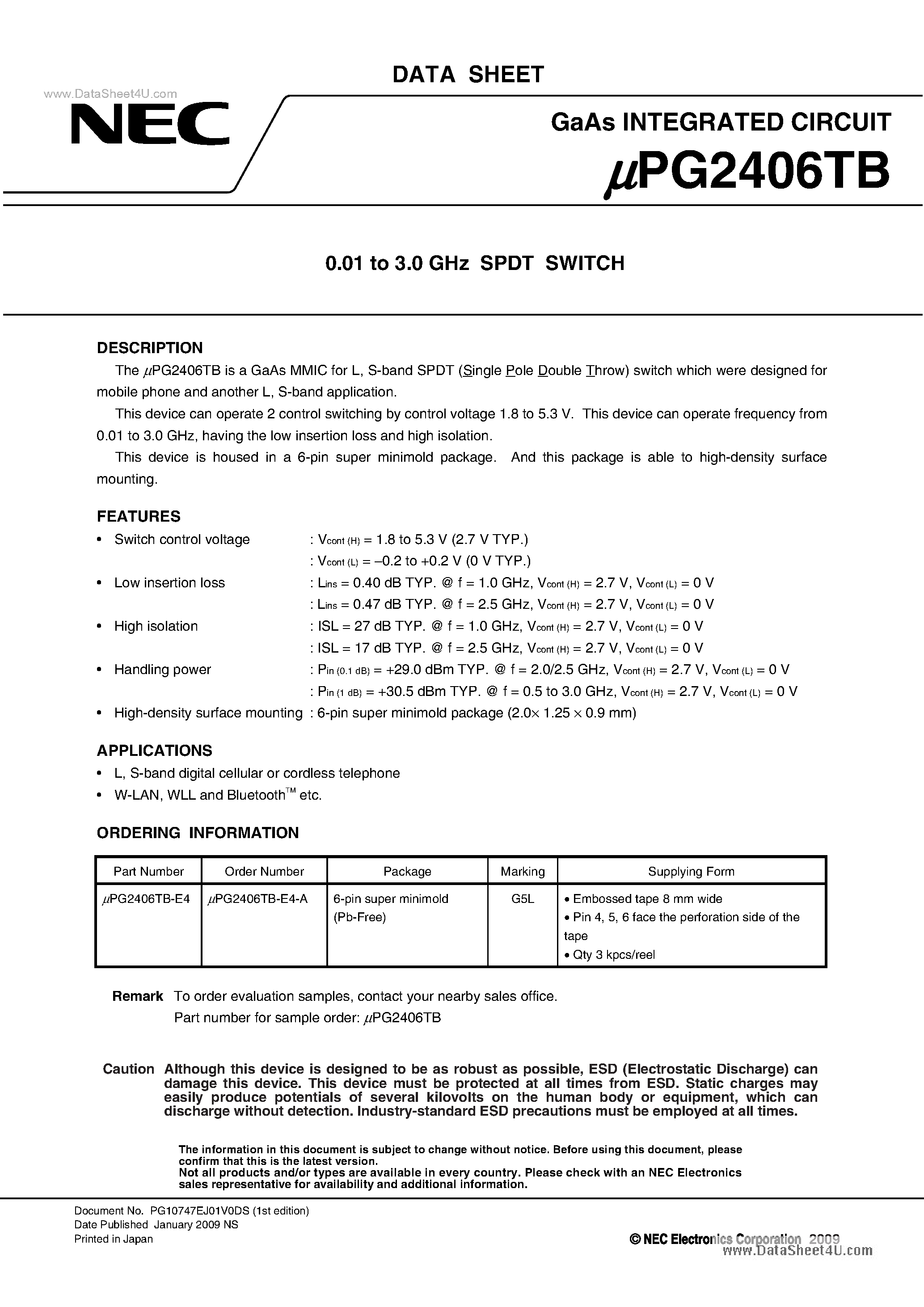 Datasheet UPG2406TB - 0.01 to 3.0 GHz SPDT SWITCH page 1