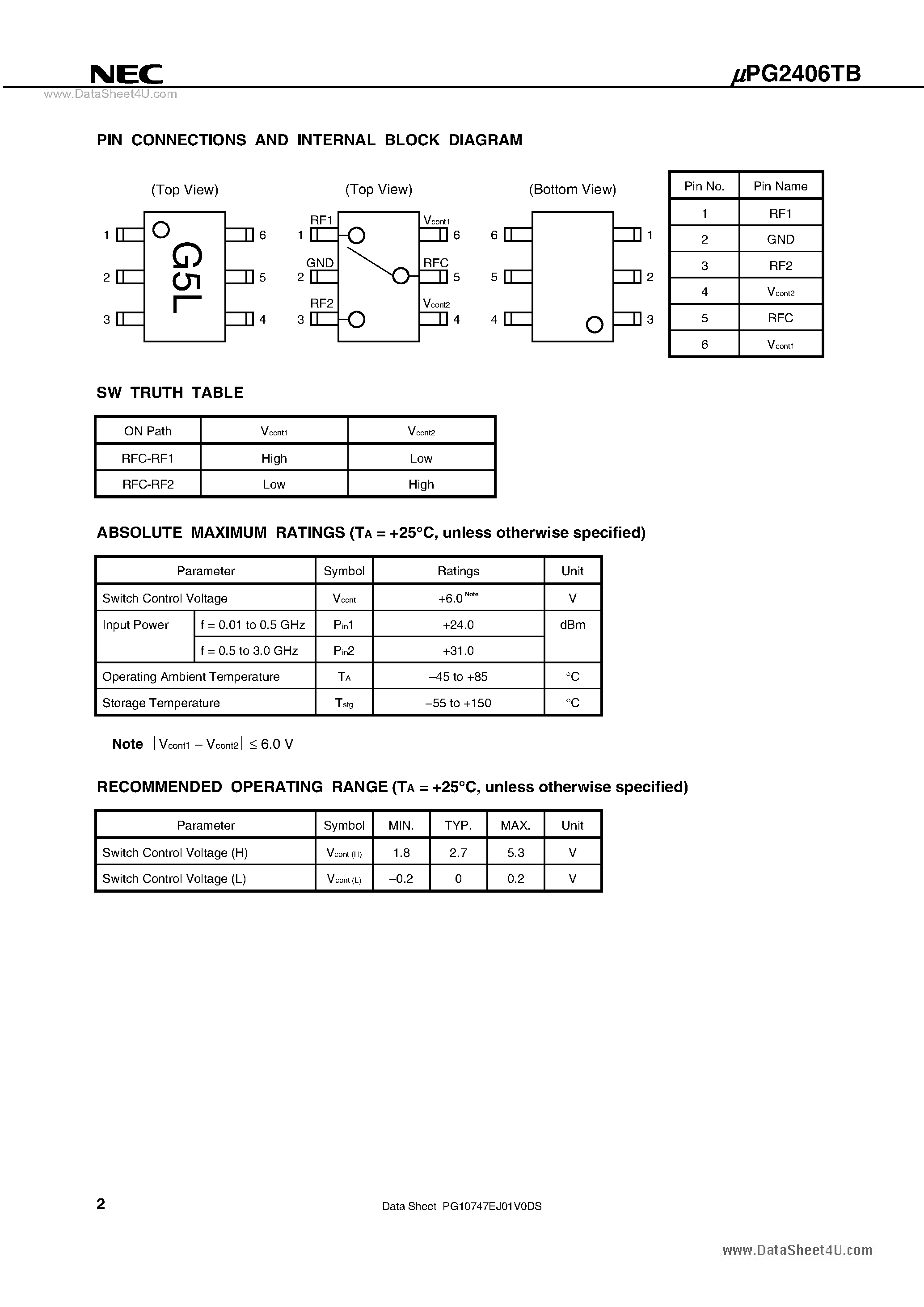 Datasheet UPG2406TB - 0.01 to 3.0 GHz SPDT SWITCH page 2