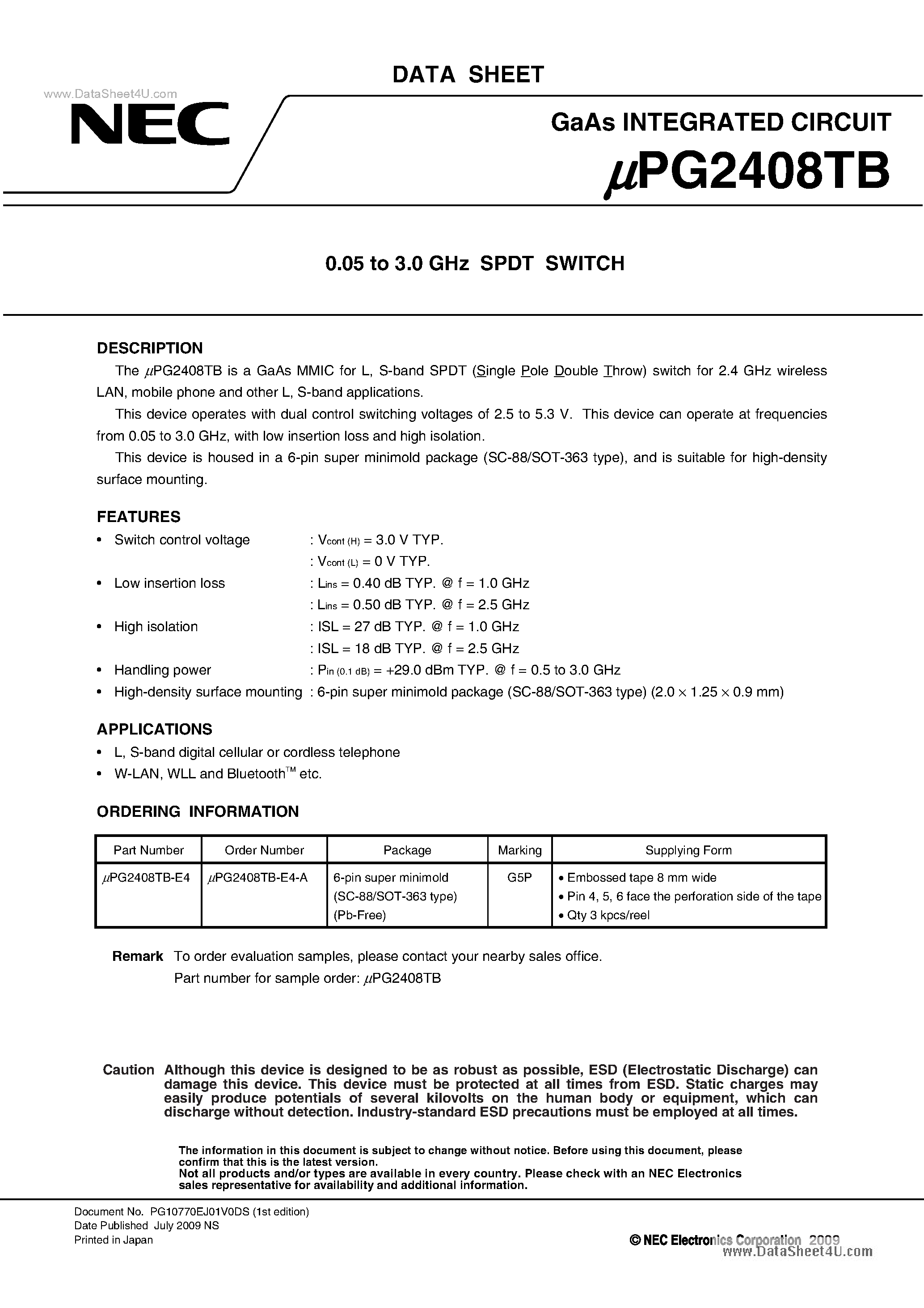 Datasheet UPG2408TB - 0.05 to 3.0 GHz SPDT SWITCH page 1