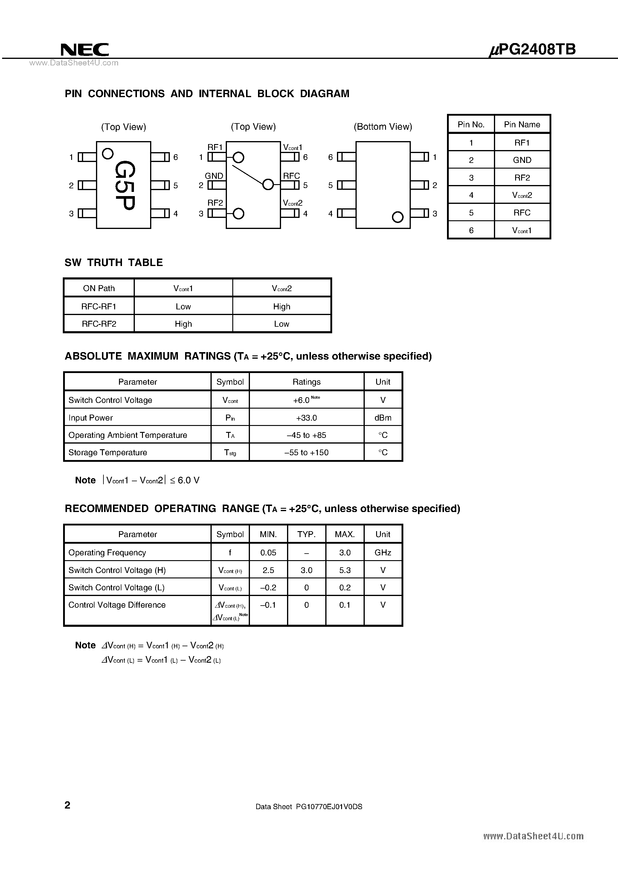 Datasheet UPG2408TB - 0.05 to 3.0 GHz SPDT SWITCH page 2