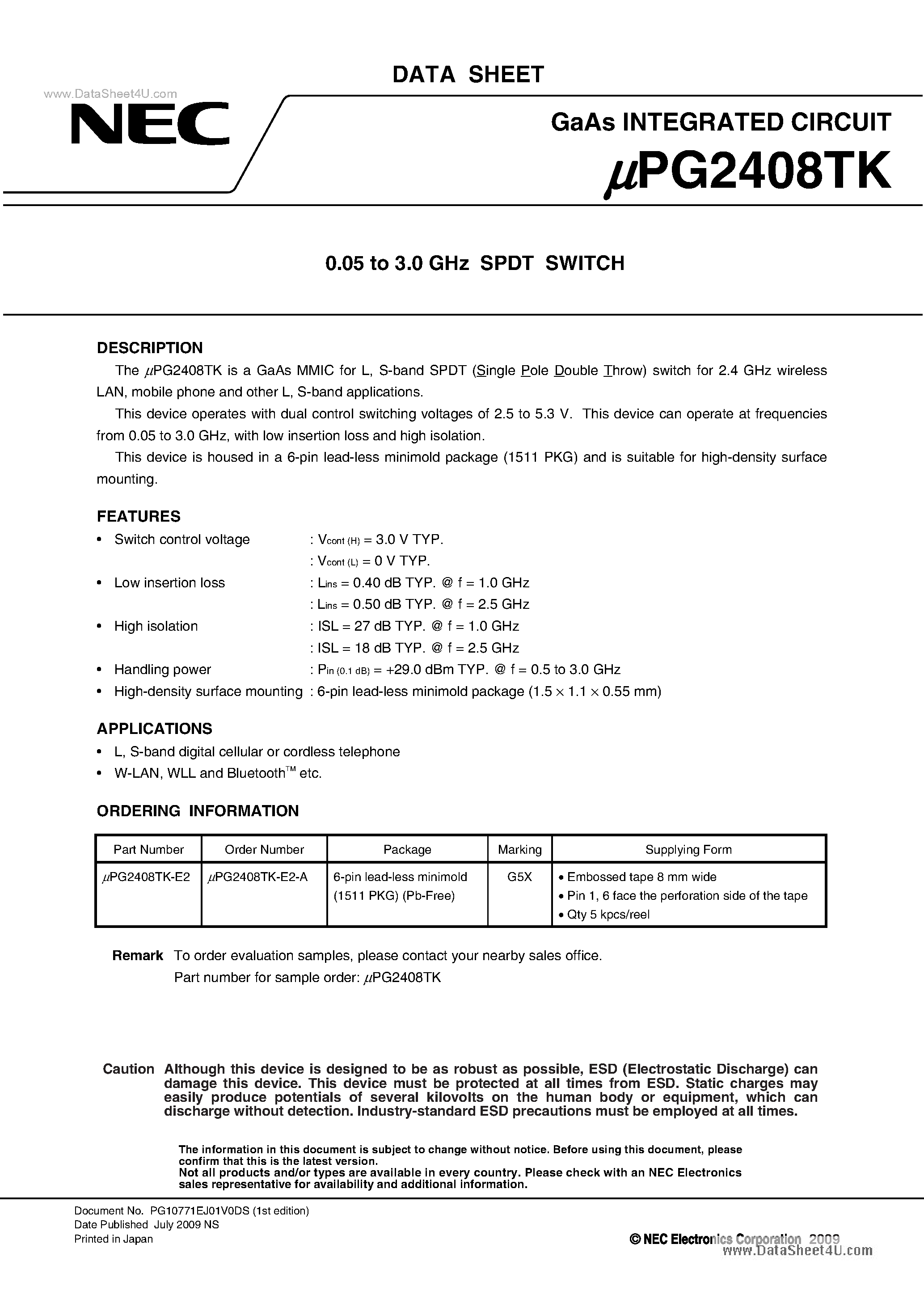Datasheet UPG2408TK - 0.05 to 3.0 GHz SPDT SWITCH page 1