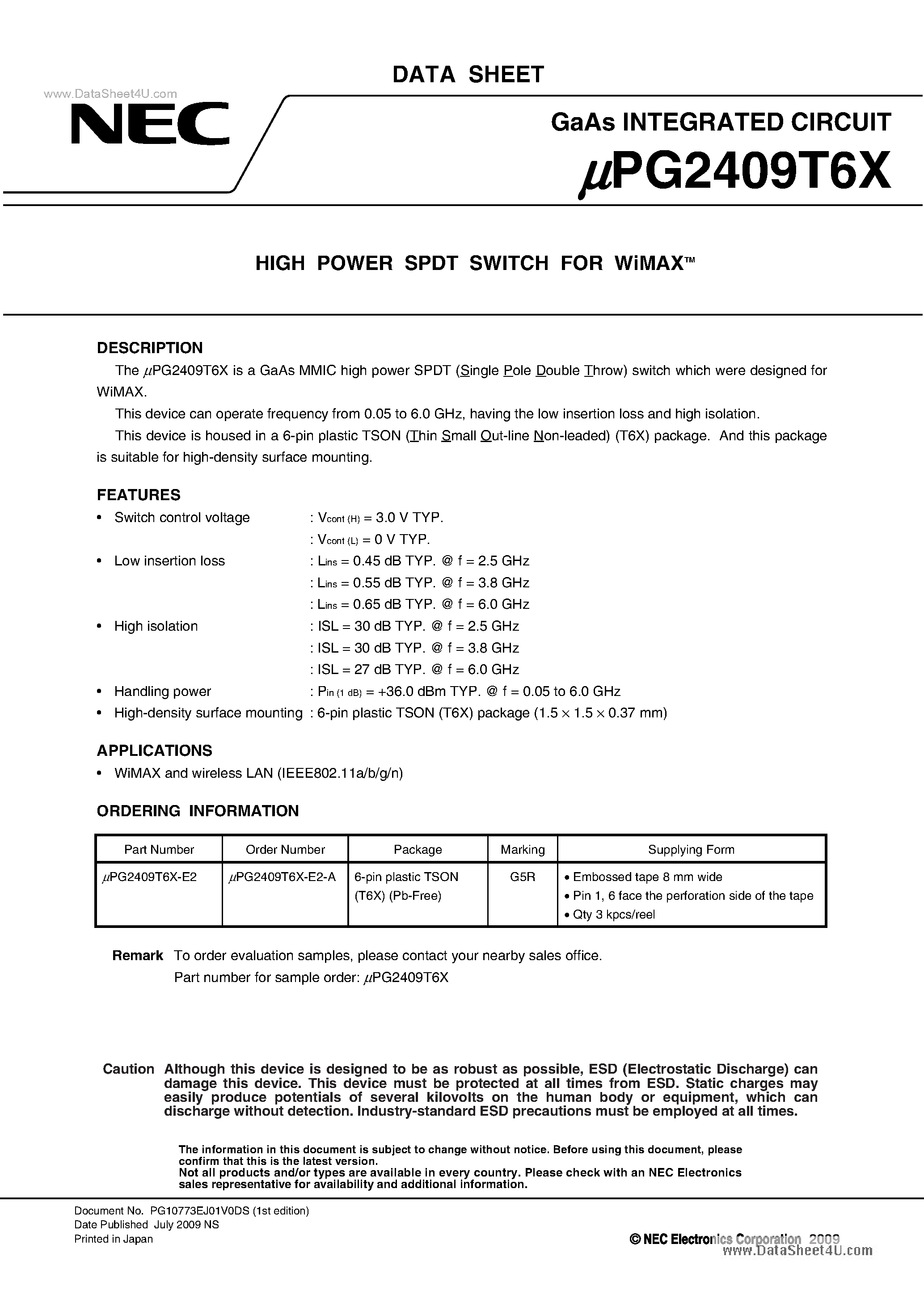 Datasheet UPG2409T6X - HIGH POWER SPDT SWITCH page 1