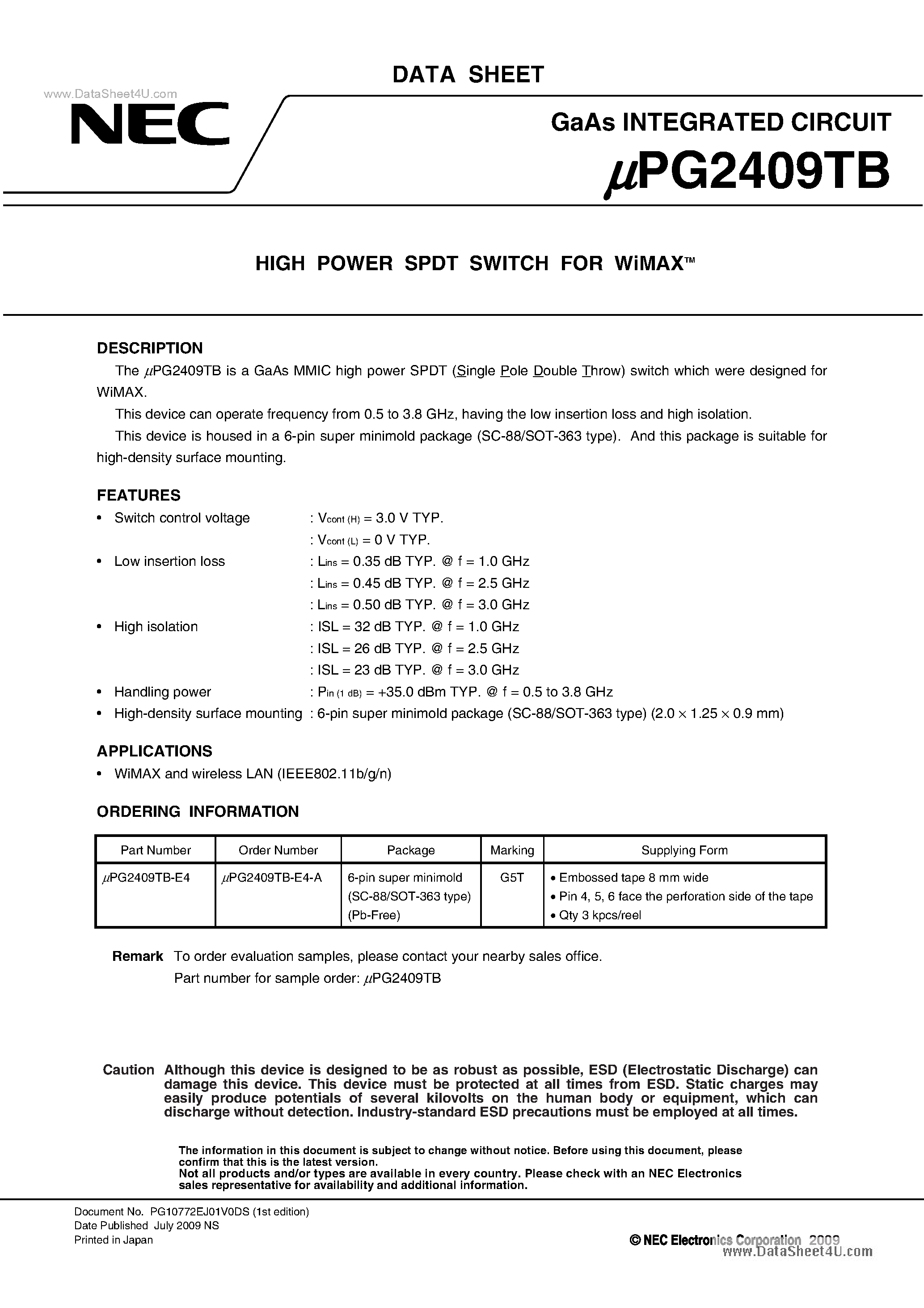 Datasheet UPG2409TB - HIGH POWER SPDT SWITCH page 1
