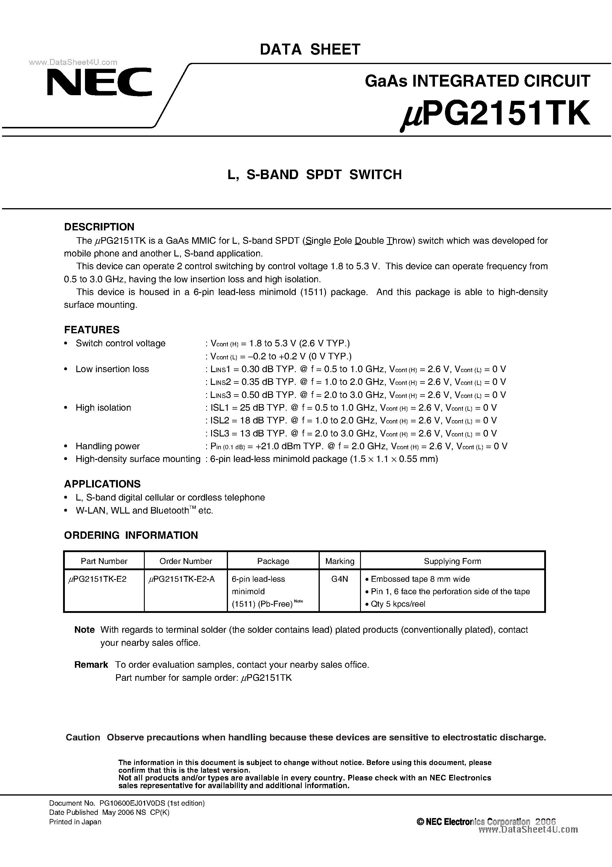 Datasheet UPG2151TK - SPDT SWITCH page 1