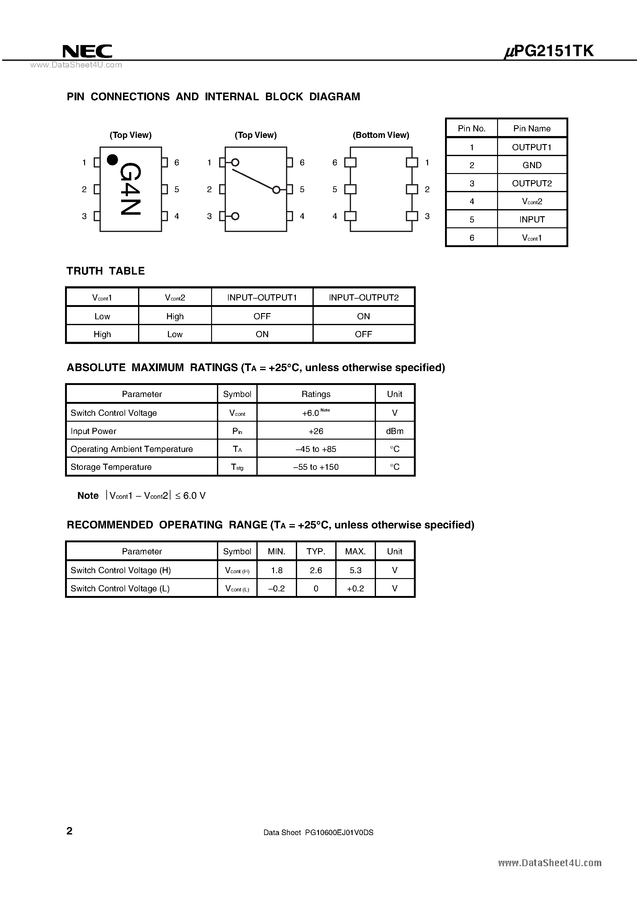 Datasheet UPG2151TK - SPDT SWITCH page 2