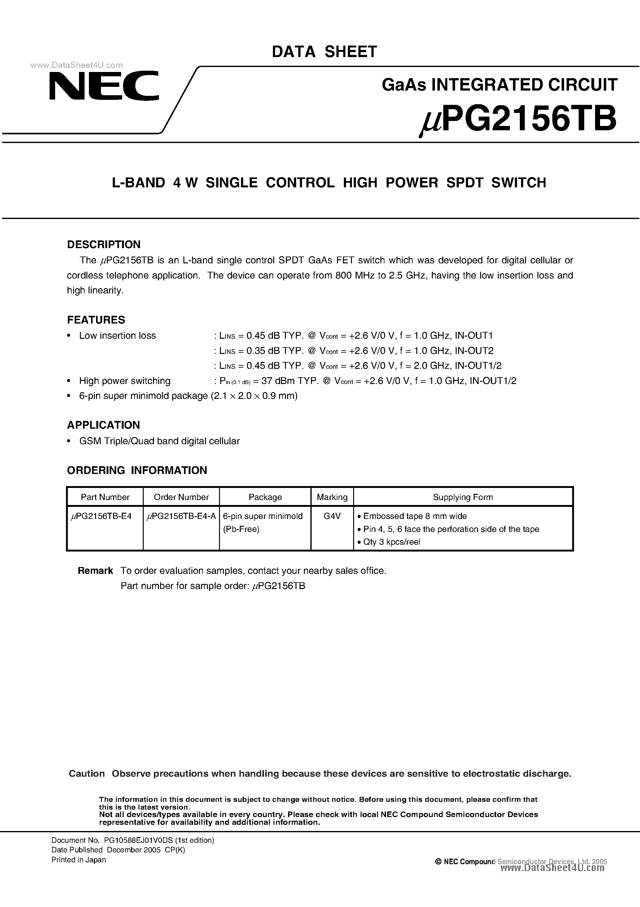 Даташит UPG2156TB - L-BAND 4 W SINGLE CONTROL HIGH POWER SPDT SWITCH страница 1