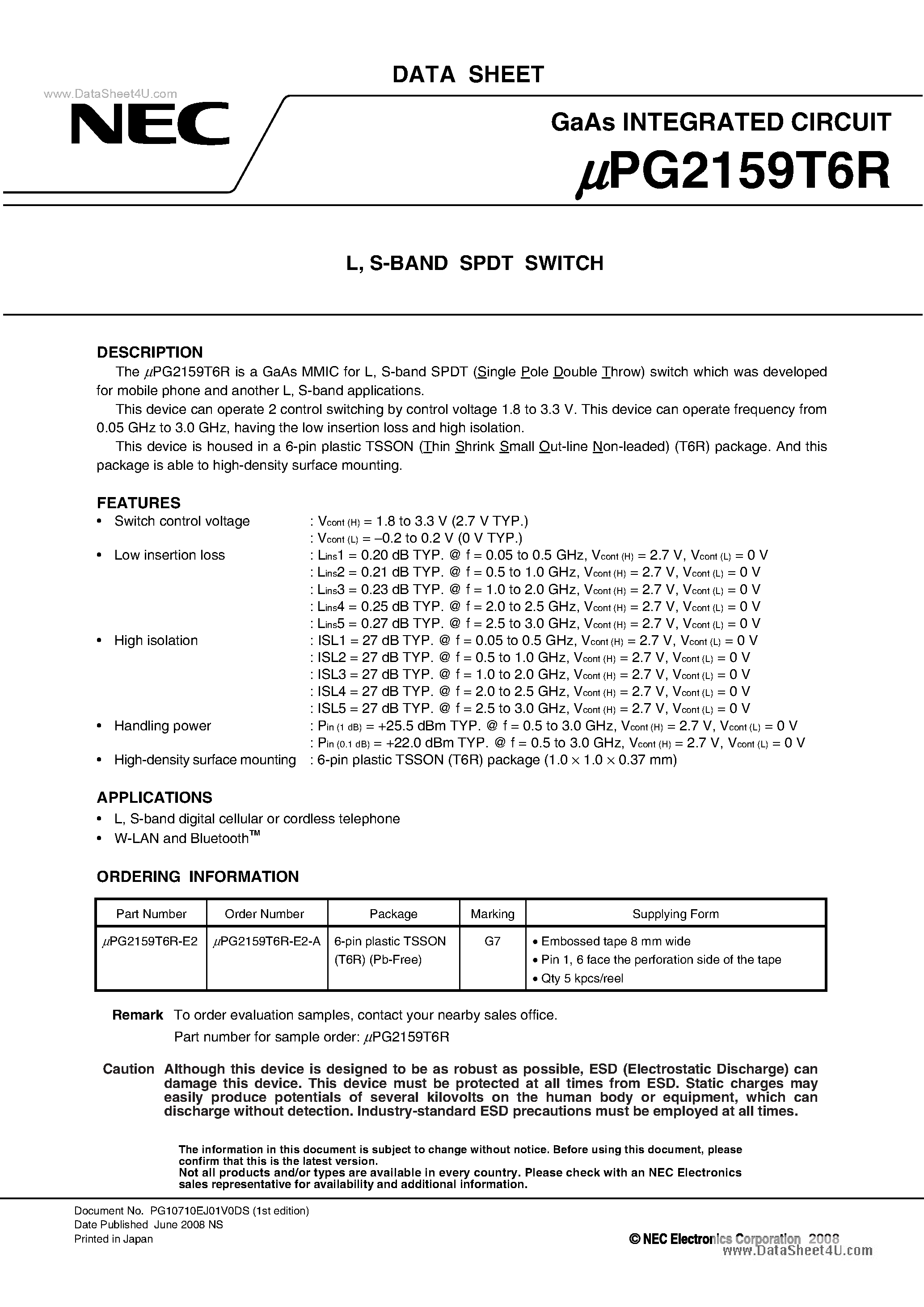 Datasheet UPG2159T6R - SPDT SWITCH page 1