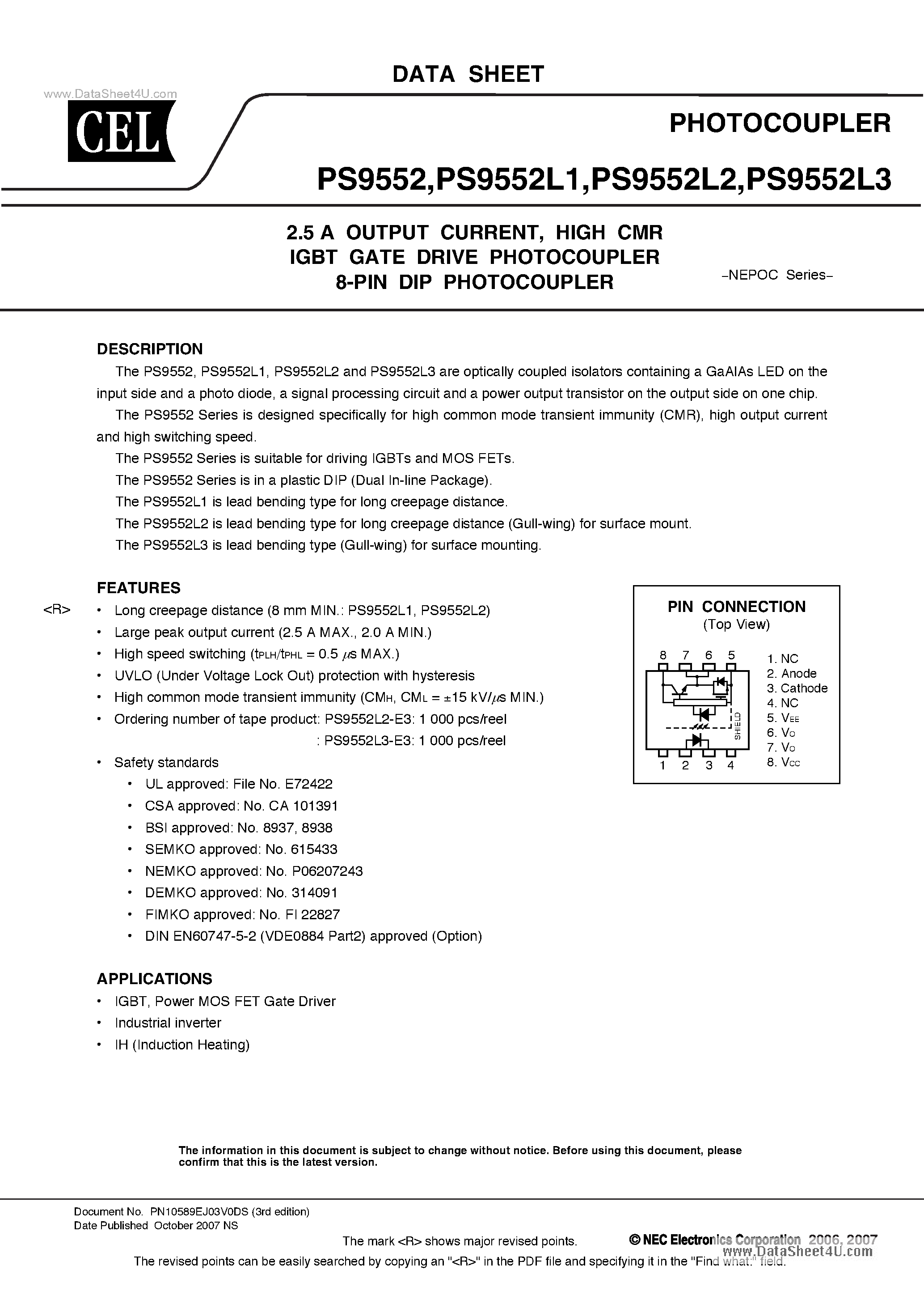 Даташит PS9552 - HIGH CMR IGBT GATE DRIVE PHOTOCOUPLER 8-PIN DIP PHOTOCOUPLER страница 1