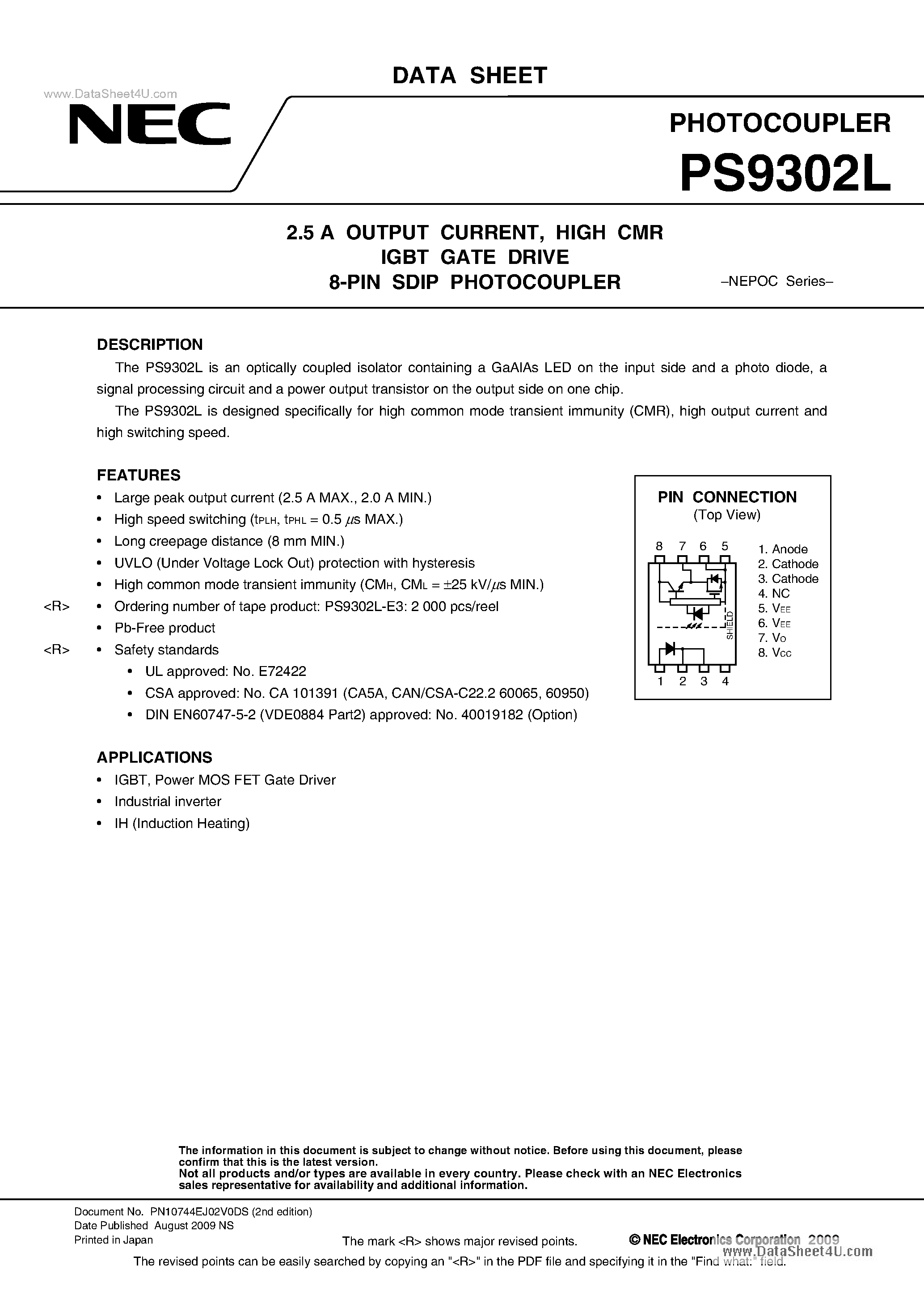 Даташит PS9302L - HIGH CMR IGBT GATE DRIVE 8-PIN SDIP PHOTOCOUPLER страница 1