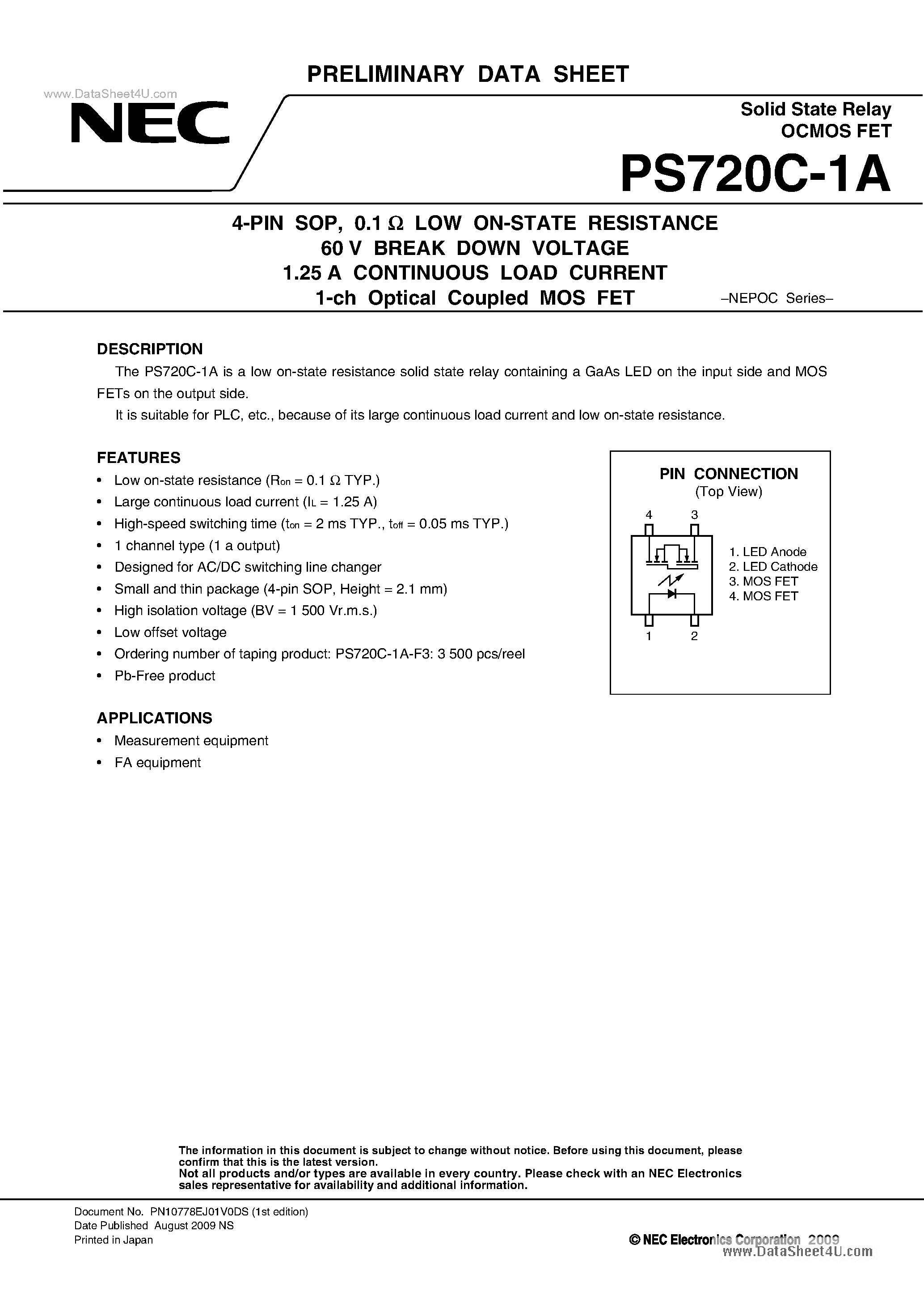 Datasheet PS720C-1A page 1 Datasheet PS720C-1A - 1-ch Optical Coupled MOS FET page 1