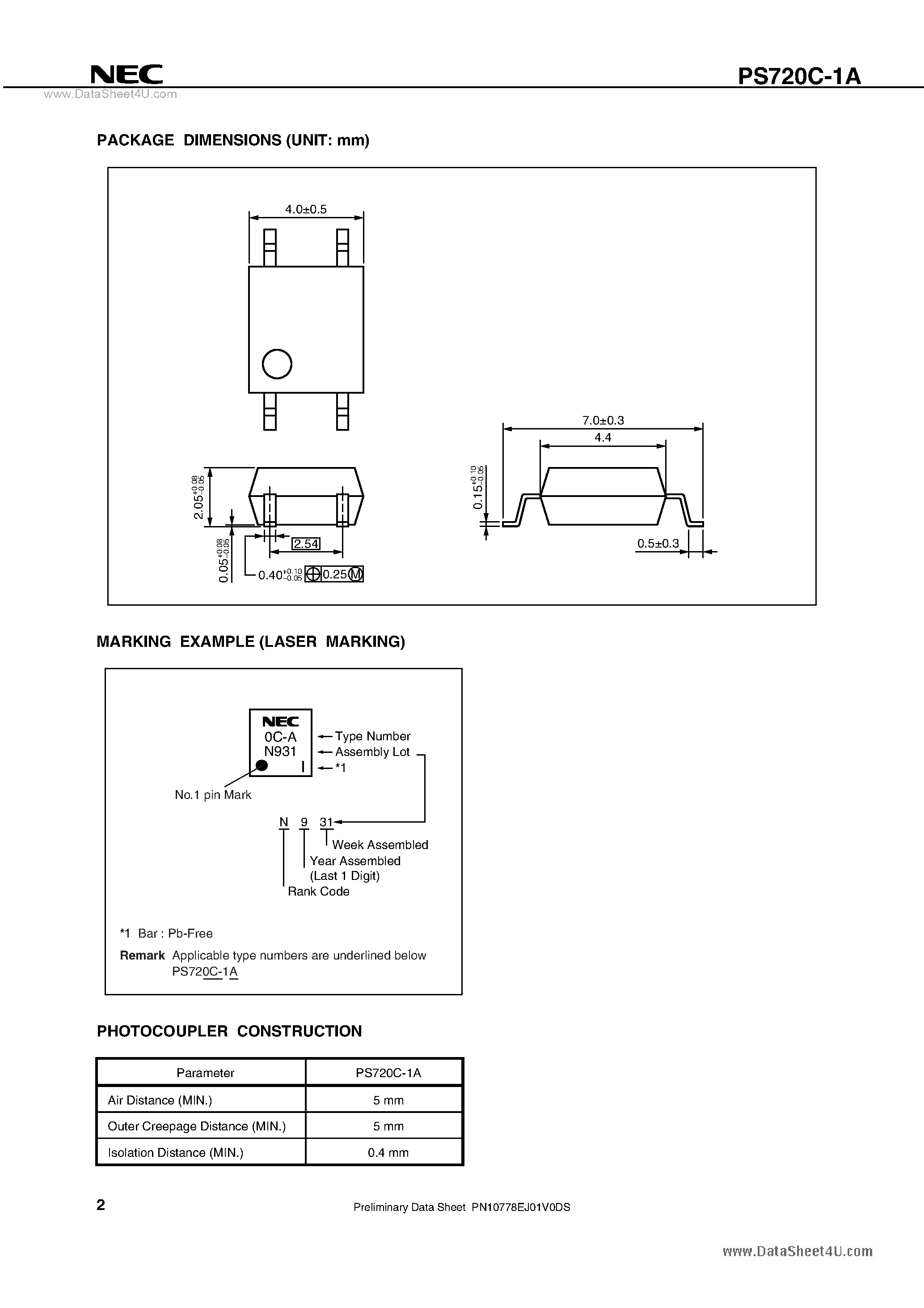 Datasheet PS720C-1A page 2 Datasheet PS720C-1A - 1-ch Optical Coupled MOS FET page 2