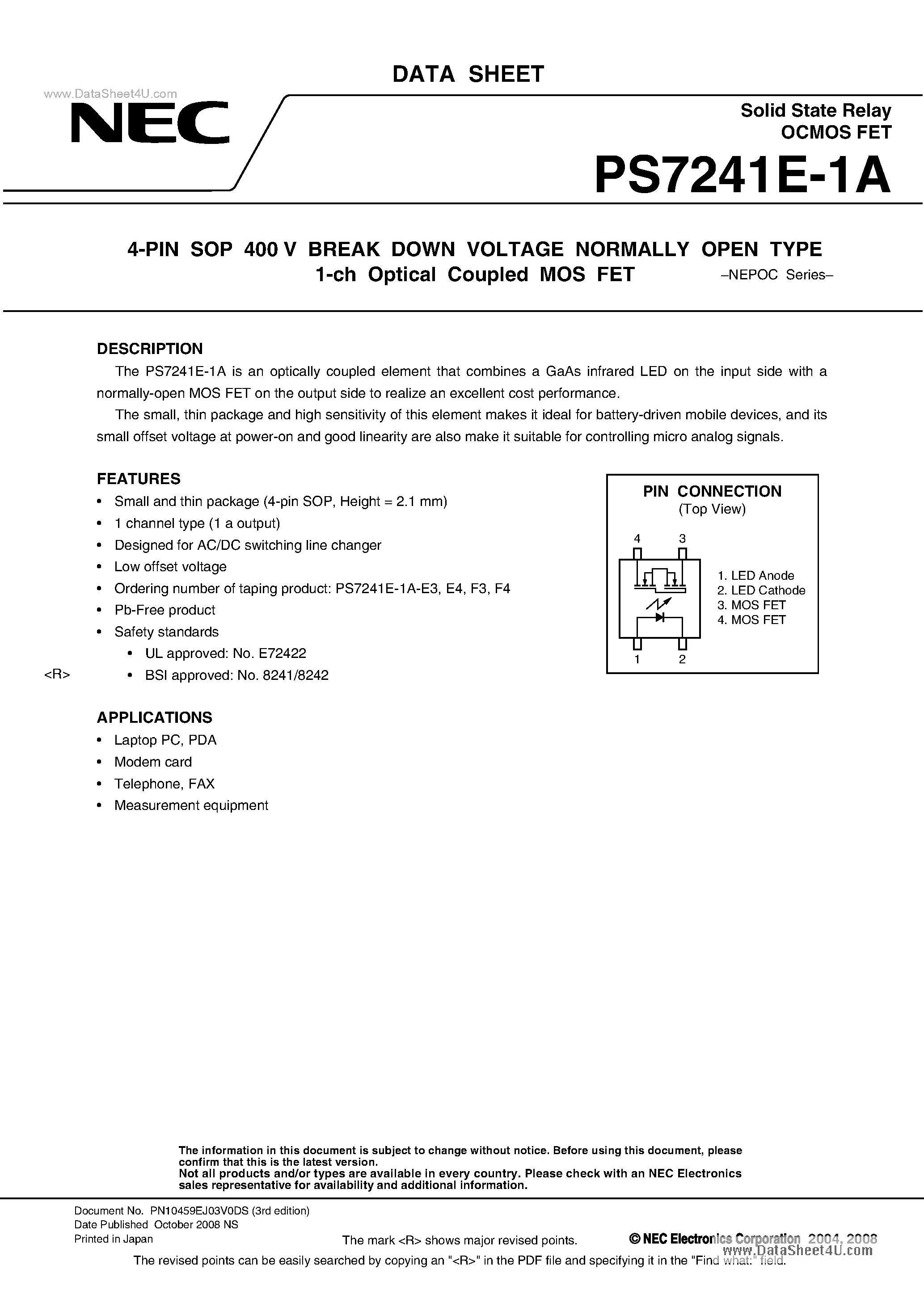 Datasheet PS7241E-1A - 4-PIN SOP 400 V BREAK DOWN VOLTAGE NORMALLY OPEN TYPE 1-ch Optical Coupled MOS FET page 1