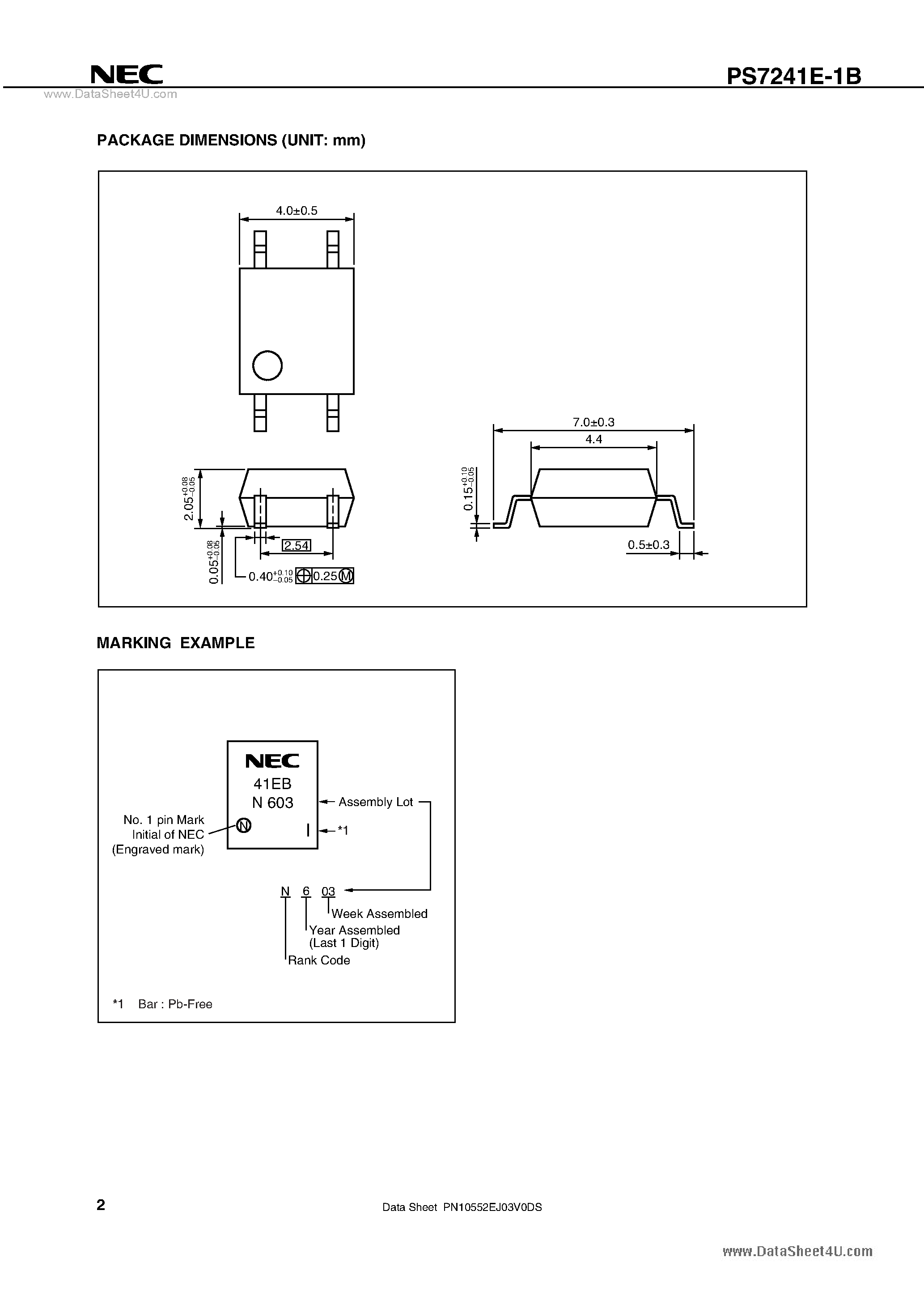 Datasheet PS7241E-1B - 4-PIN SOP 400 V BREAK DOWN VOLTAGE NORMALLY CLOSE TYPE 1-ch Optical Coupled MOS FET page 2