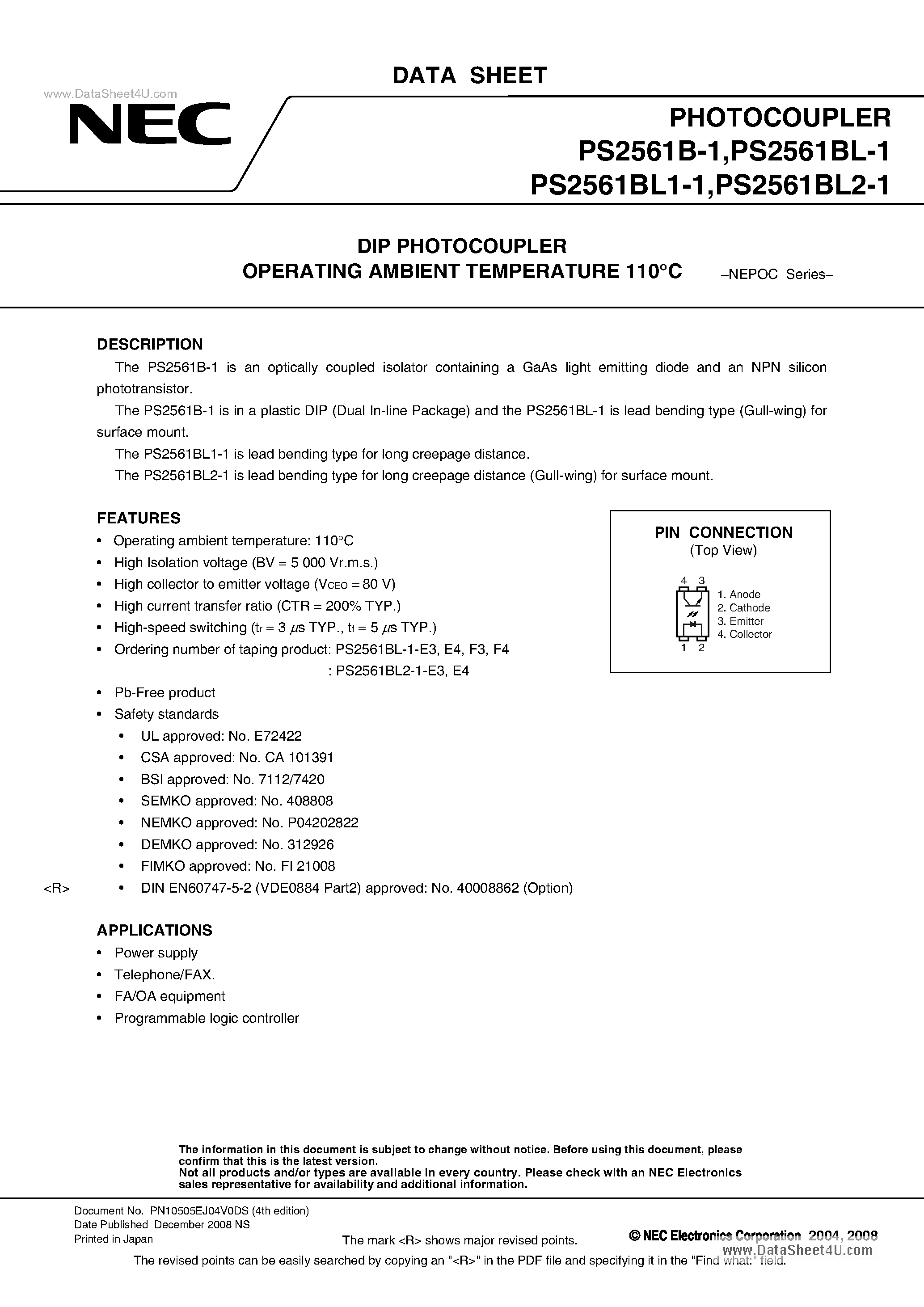 Datasheet PS2561B-1 - DIP PHOTOCOUPLER page 1