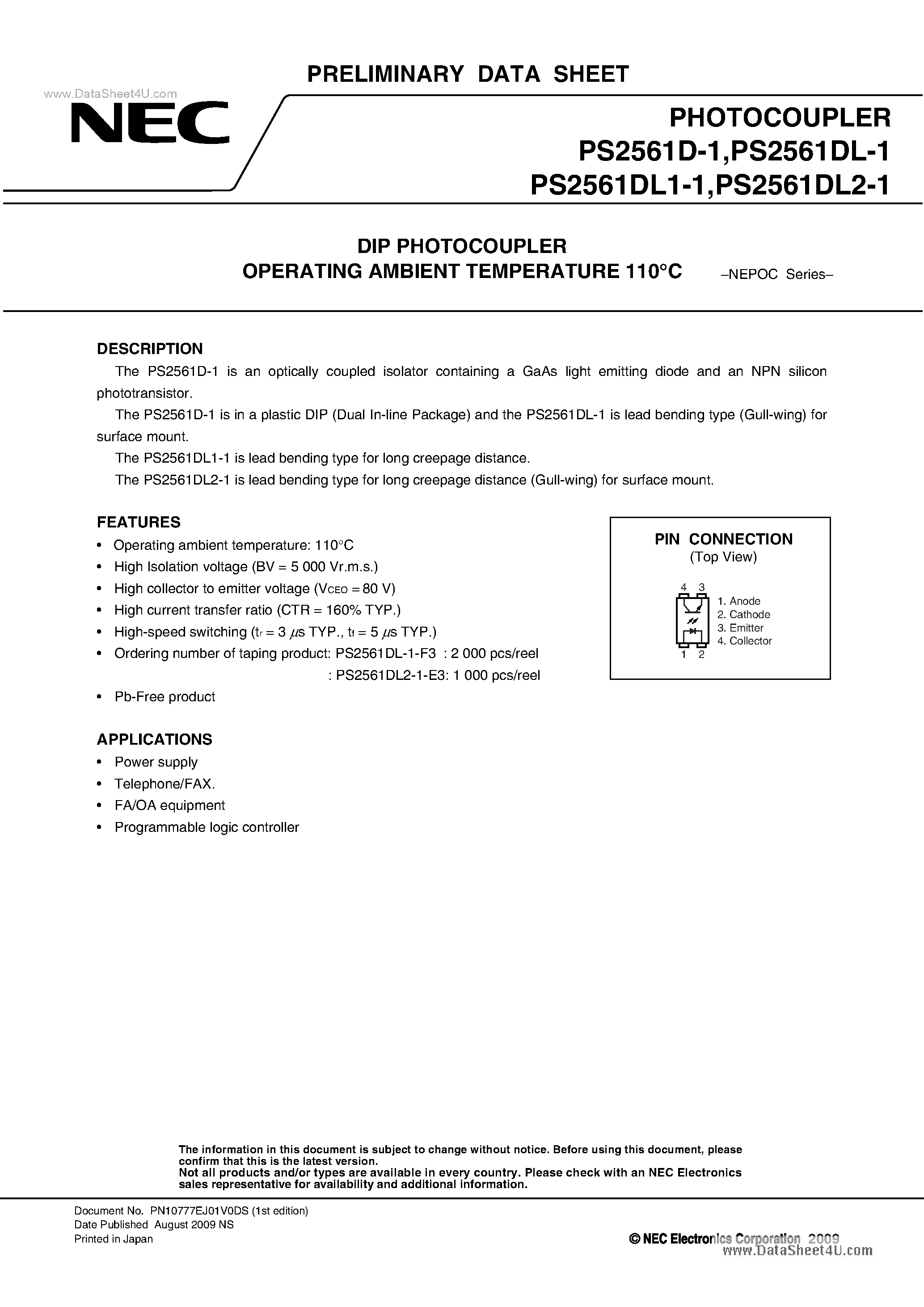 Datasheet PS2561D-1 - DIP PHOTOCOUPLER page 1