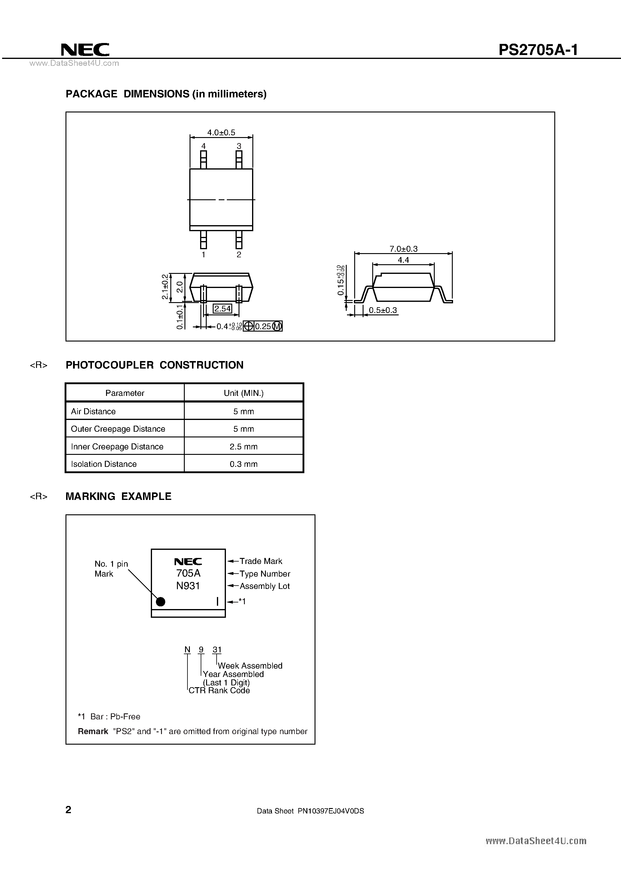 Datasheet PS2705A-1 page 2 Datasheet PS2705A-1 - HIGH ISOLATION VOLTAGE SOP PHOTOCOUPLER page 2