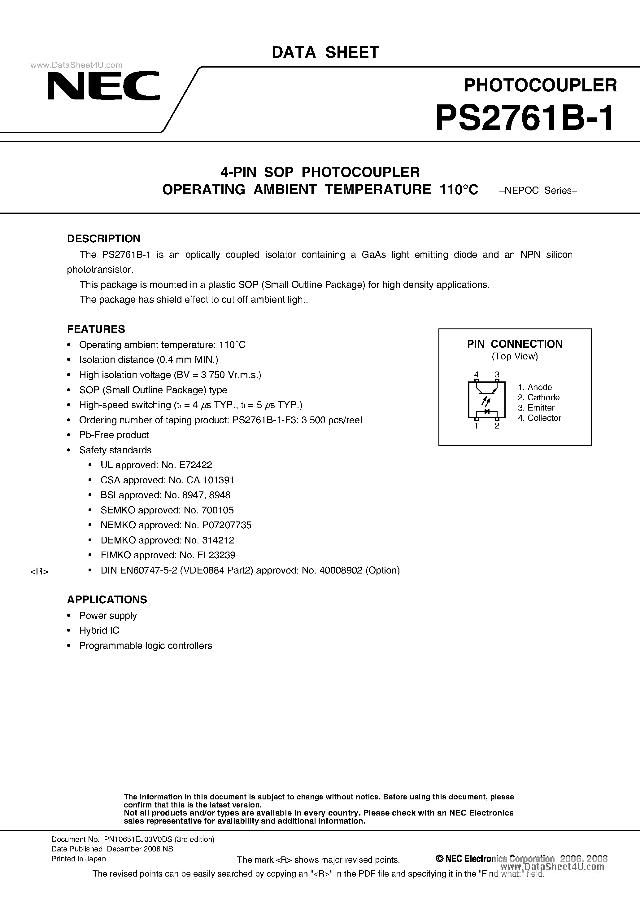 Datasheet PS2761B-1 page 1 Datasheet PS2761B-1 - 4-PIN SOP PHOTOCOUPLER page 1