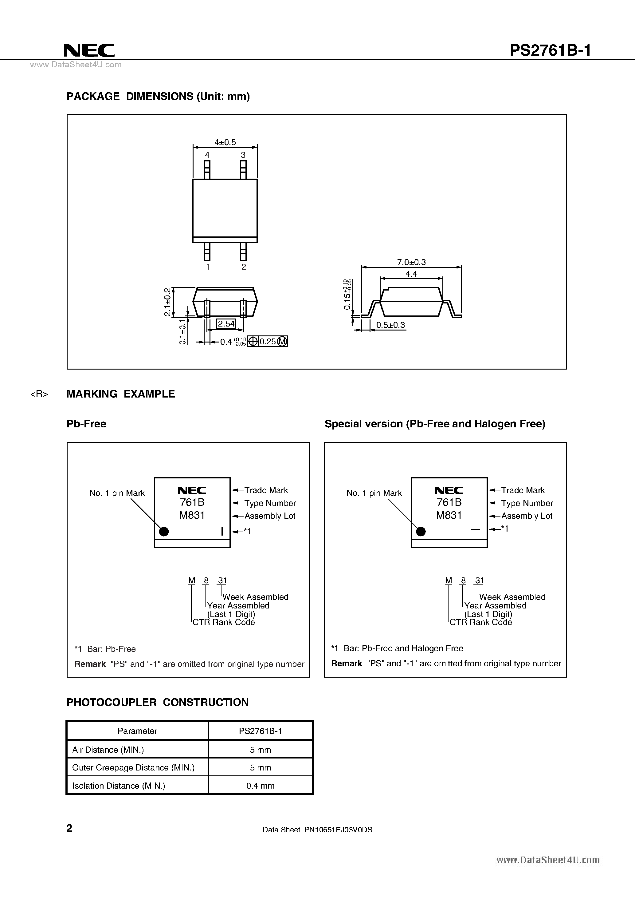 Datasheet PS2761B-1 page 2 Datasheet PS2761B-1 - 4-PIN SOP PHOTOCOUPLER page 2