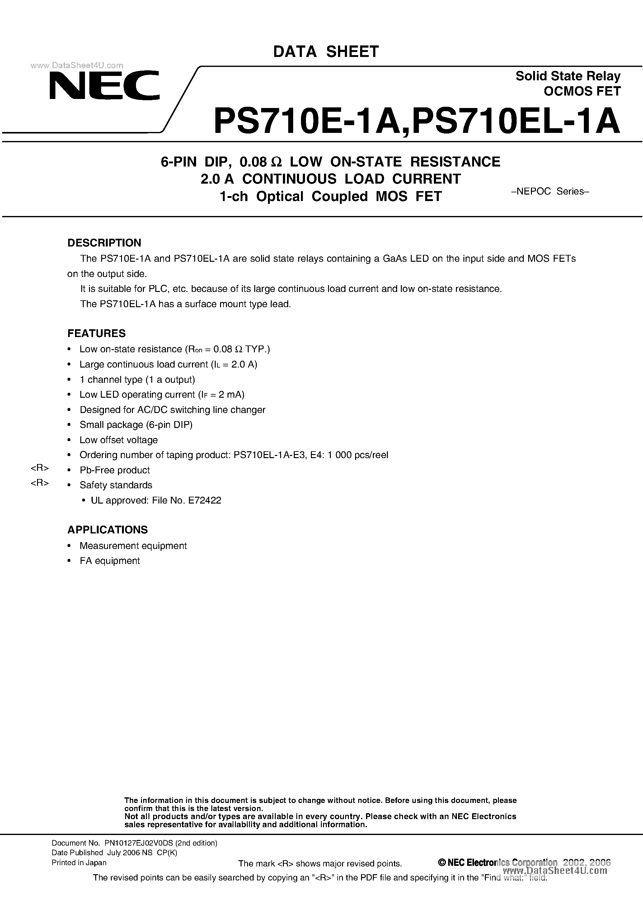 Datasheet PS710E-1A - 2.0 A CONTINUOUS LOAD CURRENT 1-ch Optical Coupled MOS FET page 1