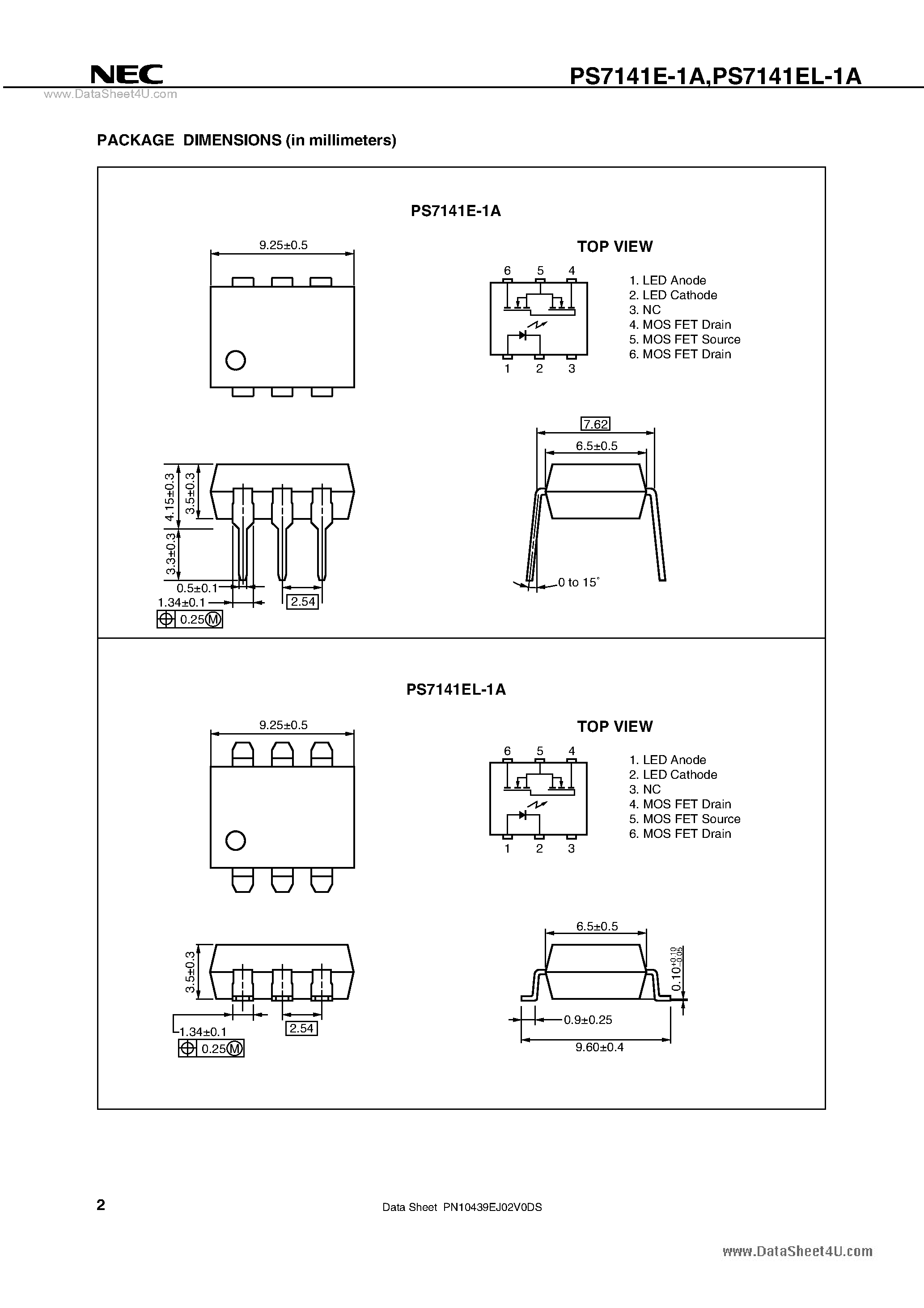 Datasheet PS7141E-1A - 400V BREAK DOWN VOLTAGE NORMALLY OPEN TYPE 1-ch Optical Coupled MOS FET page 2