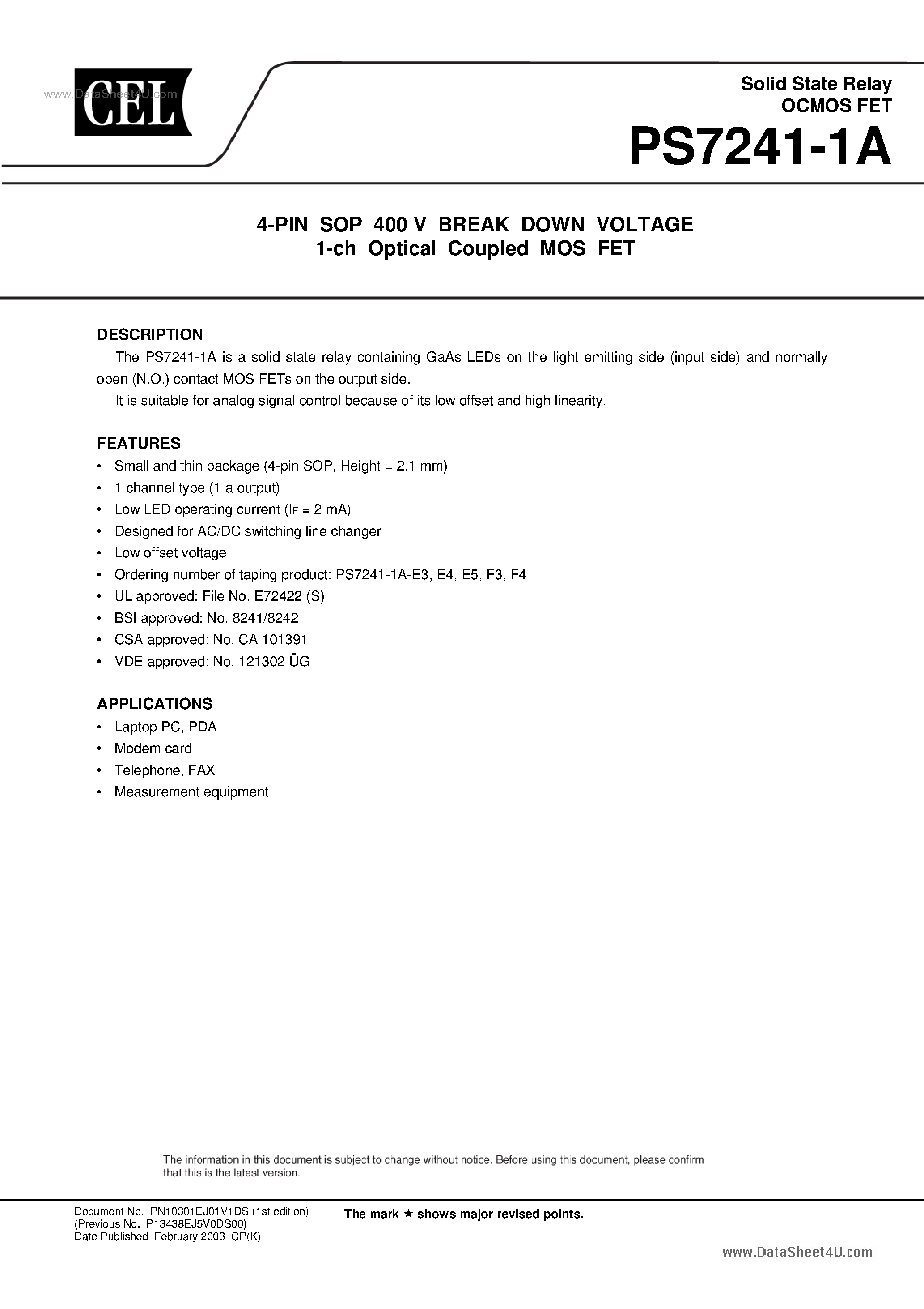 Datasheet PS7241-1A - 4-PIN SOP 400 V BREAK DOWN VOLTAGE 1-ch Optical Coupled MOS FET page 1