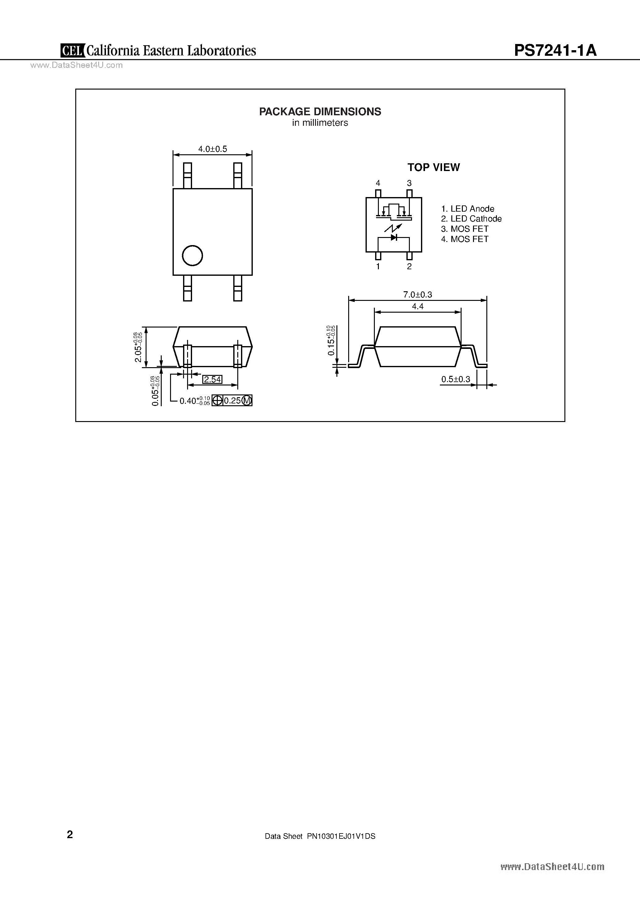Datasheet PS7241-1A - 4-PIN SOP 400 V BREAK DOWN VOLTAGE 1-ch Optical Coupled MOS FET page 2